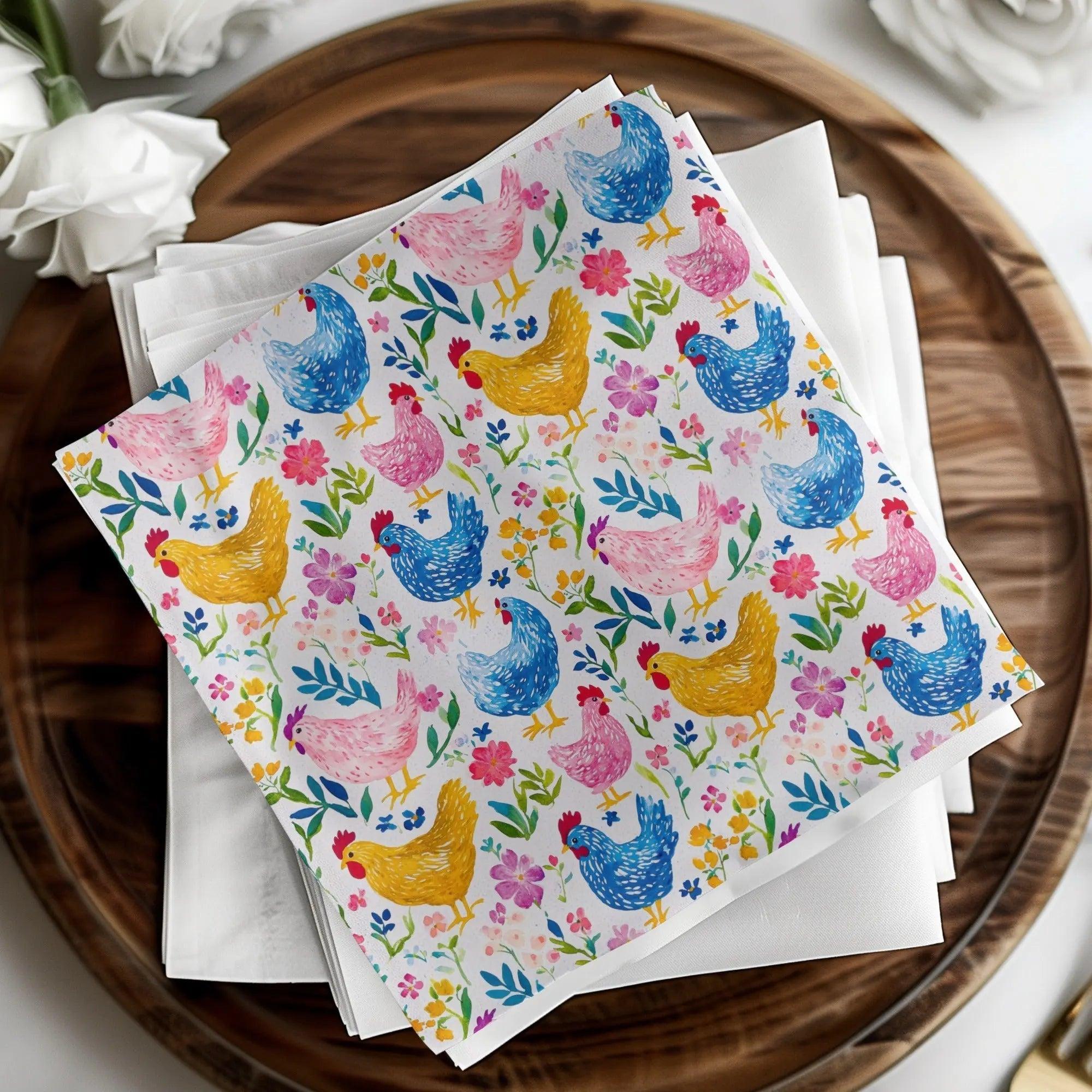 Watercolor Chicken Digital Paper, Floral Seamless Pattern, Farmhouse JPEG Background, Hen Fabric Design, Downloadable Digital - Moore and Mountain