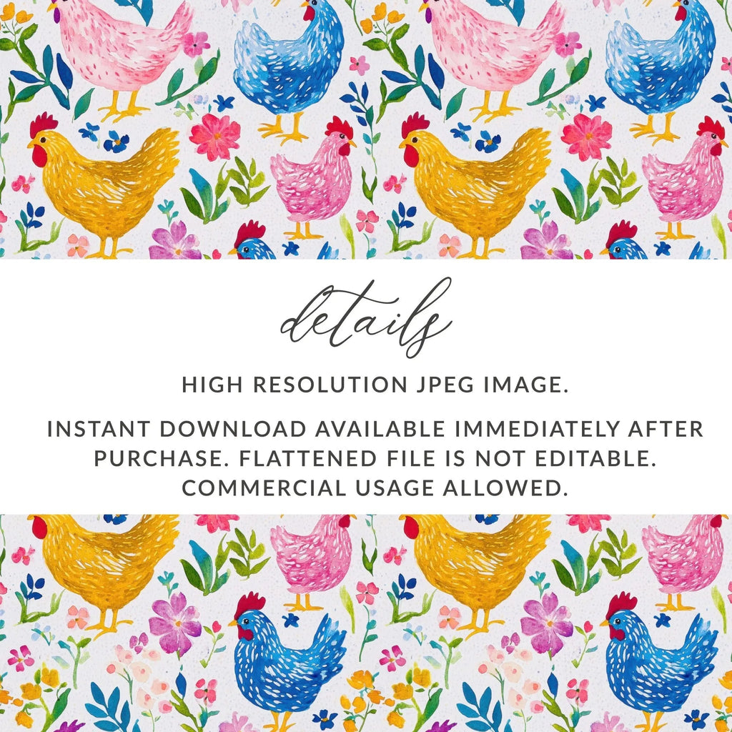 Watercolor Chicken Digital Paper, Floral Seamless Pattern, Farmhouse JPEG Background, Hen Fabric Design, Downloadable Digital - Moore and Mountain