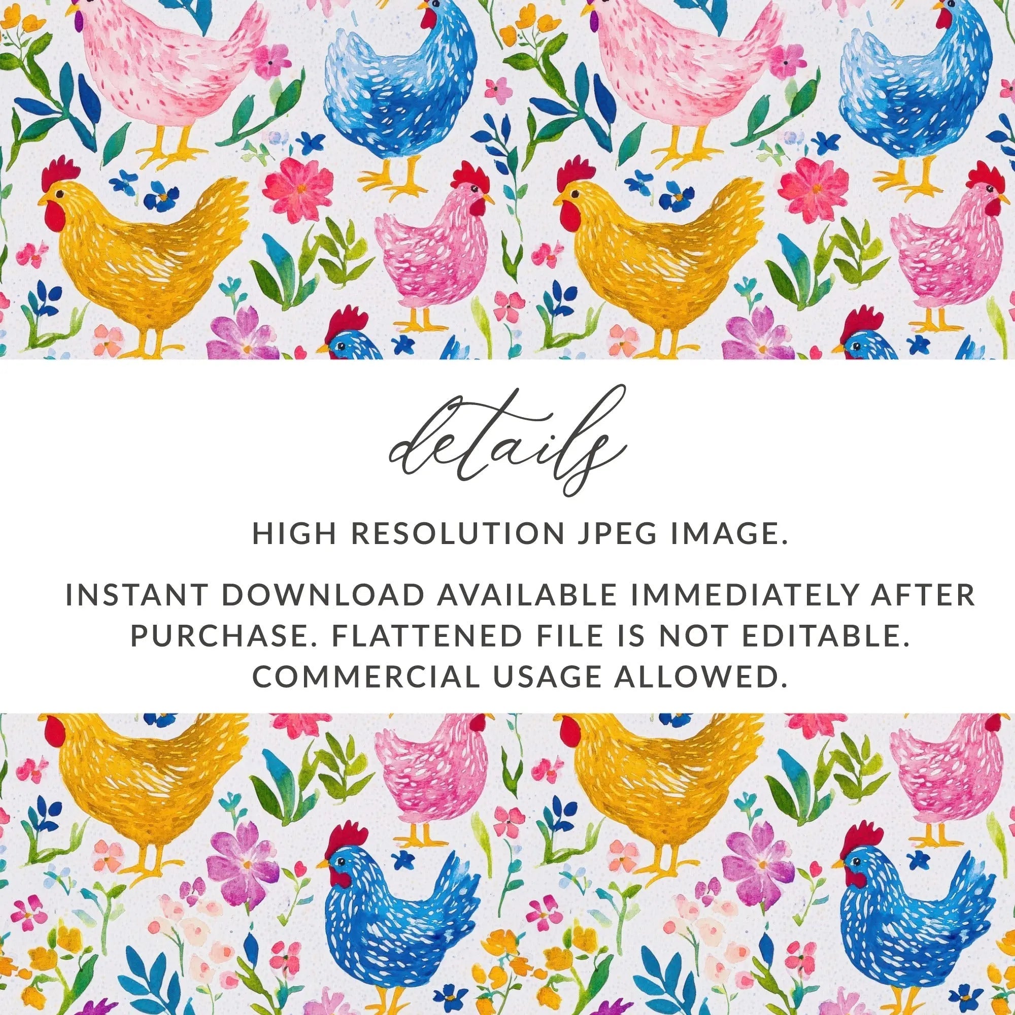 Watercolor Chicken Digital Paper, Floral Seamless Pattern, Farmhouse JPEG Background, Hen Fabric Design, Downloadable Digital - Moore and Mountain