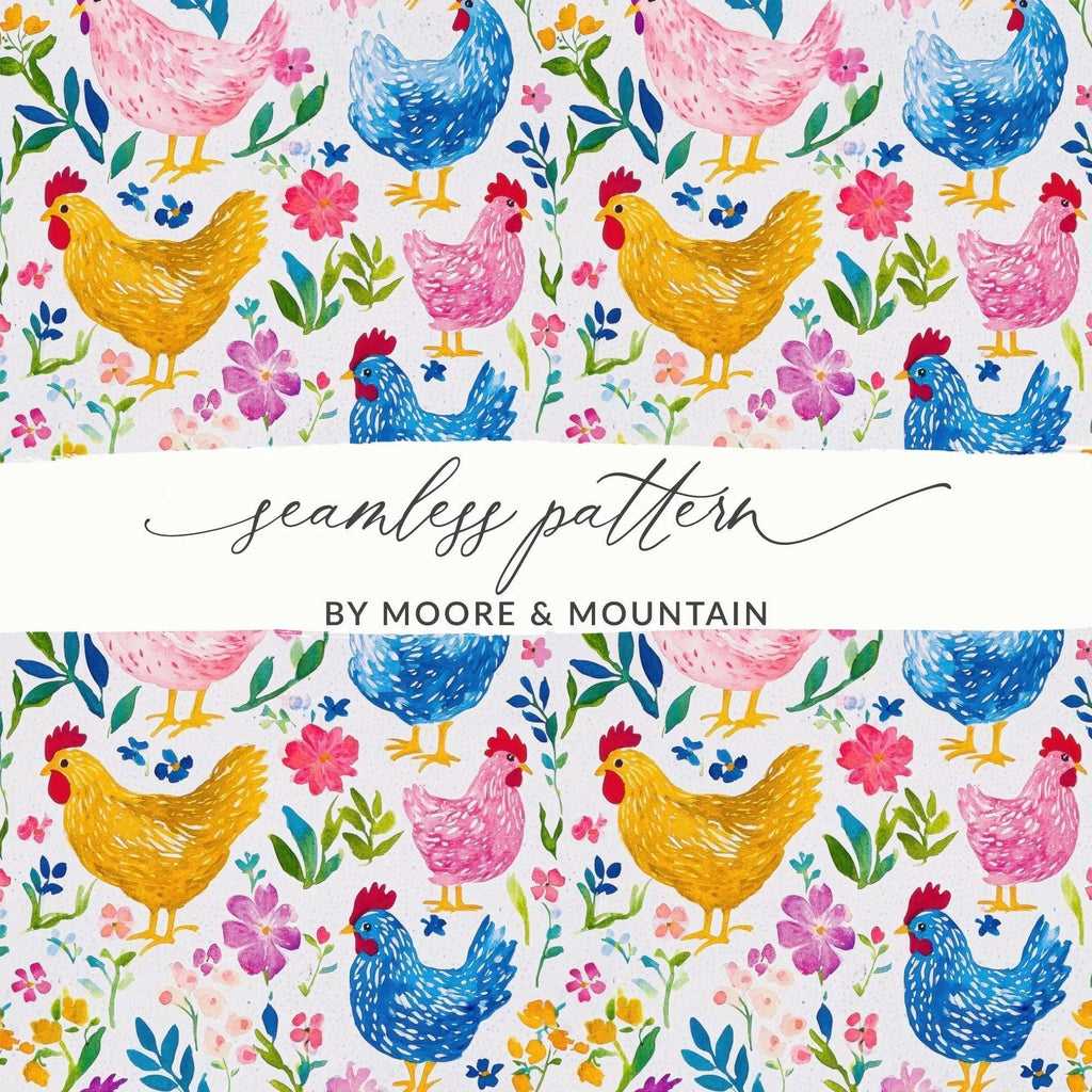 Watercolor Chicken Digital Paper, Floral Seamless Pattern, Farmhouse JPEG Background, Hen Fabric Design, Downloadable Digital - Moore and Mountain