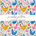 Watercolor Chicken Digital Paper, Floral Seamless Pattern, Farmhouse JPEG Background, Hen Fabric Design, Downloadable Digital - Moore and Mountain
