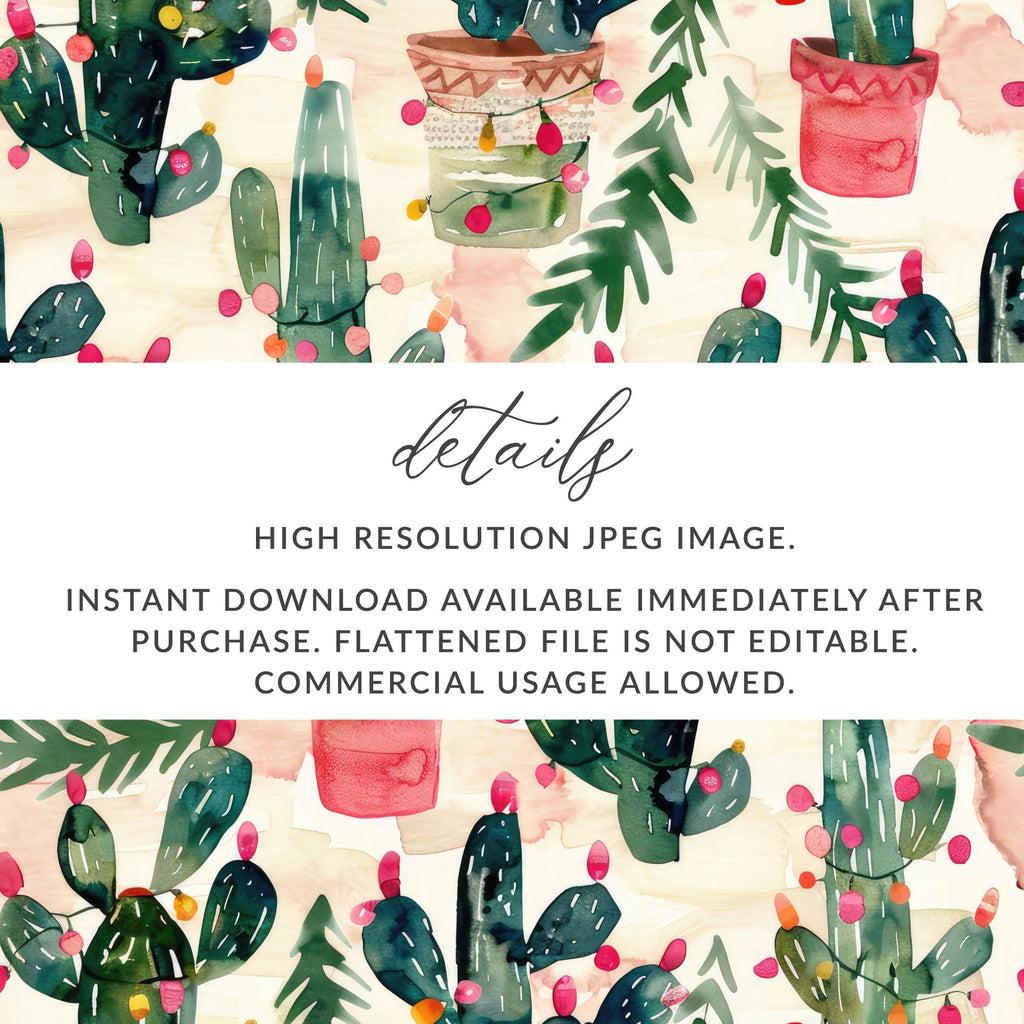 Watercolor Christmas Cactus Seamless Pattern Digital Download, Holiday Tree, Festive Desert Plant, Printable Fabric, Scrapbooking, Tileable - Moore and Mountain