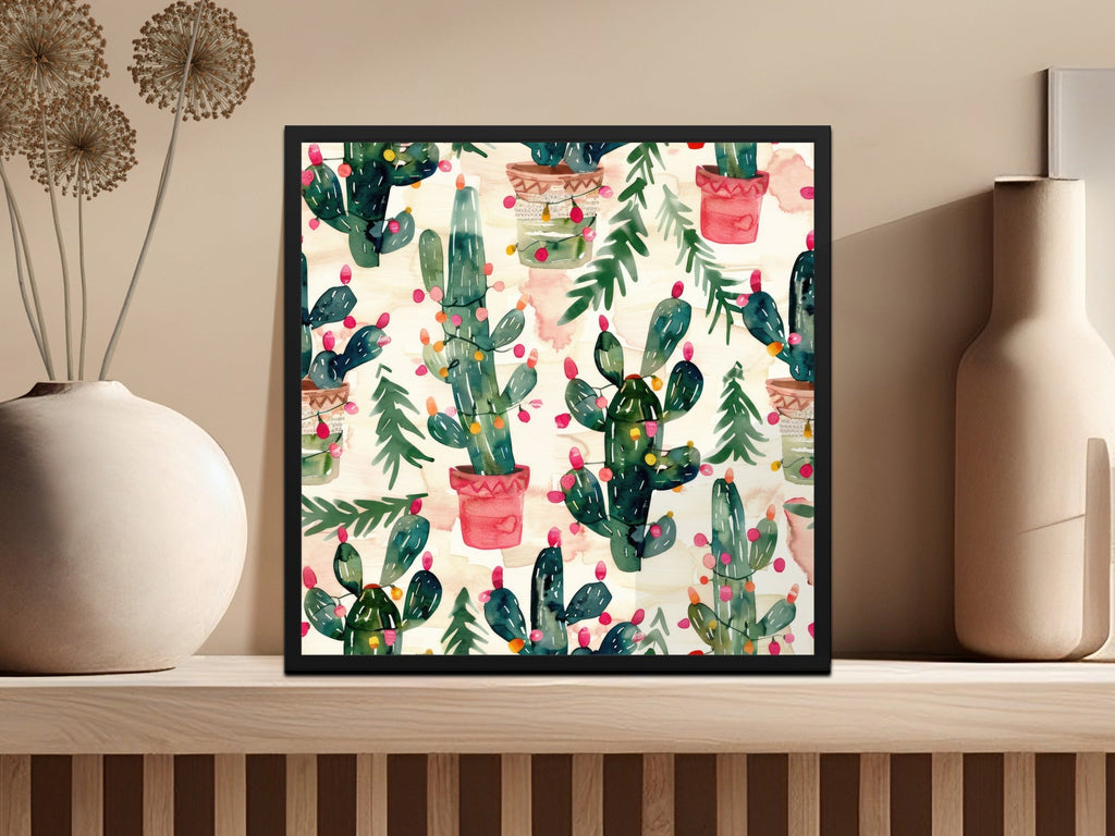 Watercolor Christmas Cactus Seamless Pattern Digital Download, Holiday Tree, Festive Desert Plant, Printable Fabric, Scrapbooking, Tileable - Moore and Mountain