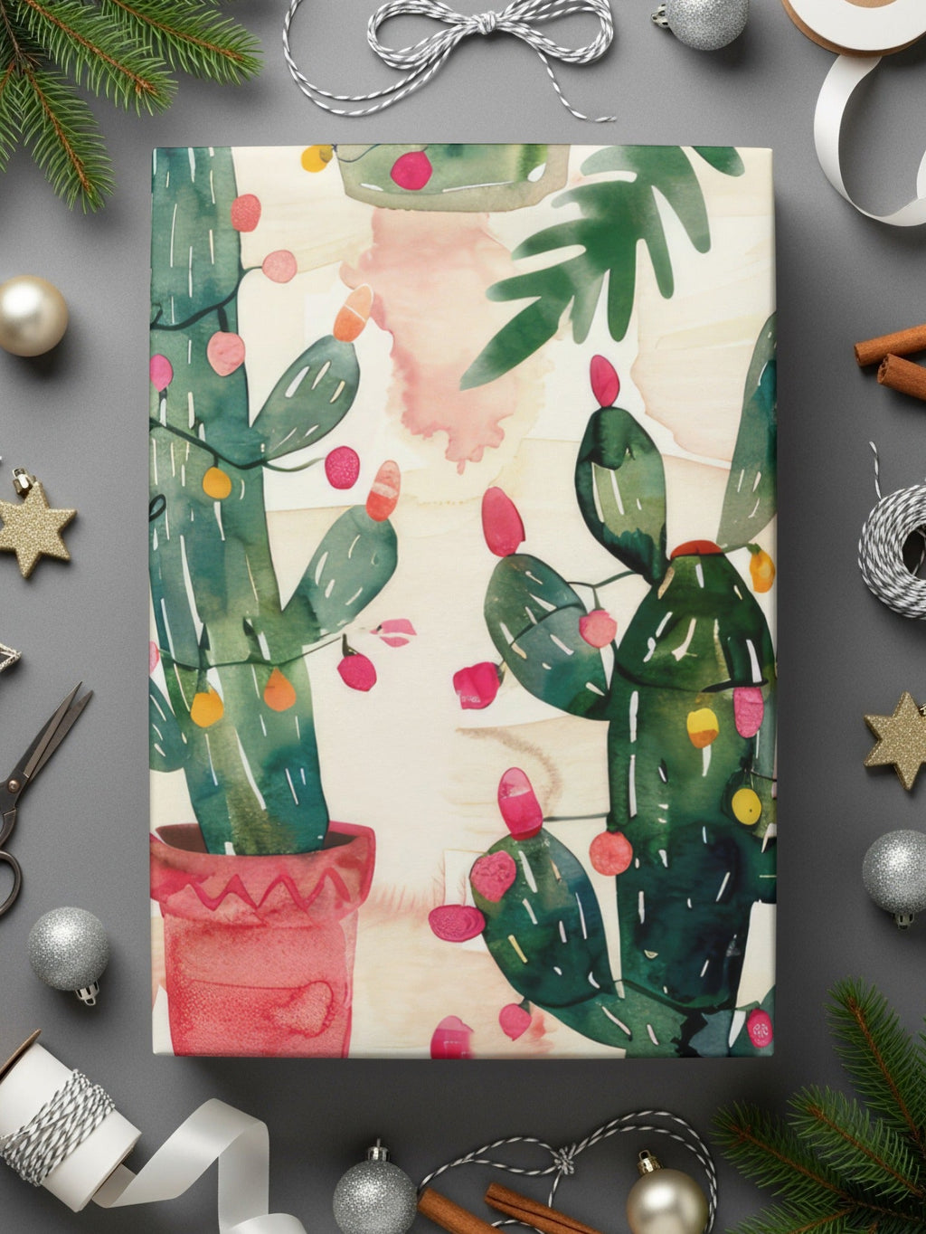 Watercolor Christmas Cactus Seamless Pattern Digital Download, Holiday Tree, Festive Desert Plant, Printable Fabric, Scrapbooking, Tileable - Moore and Mountain