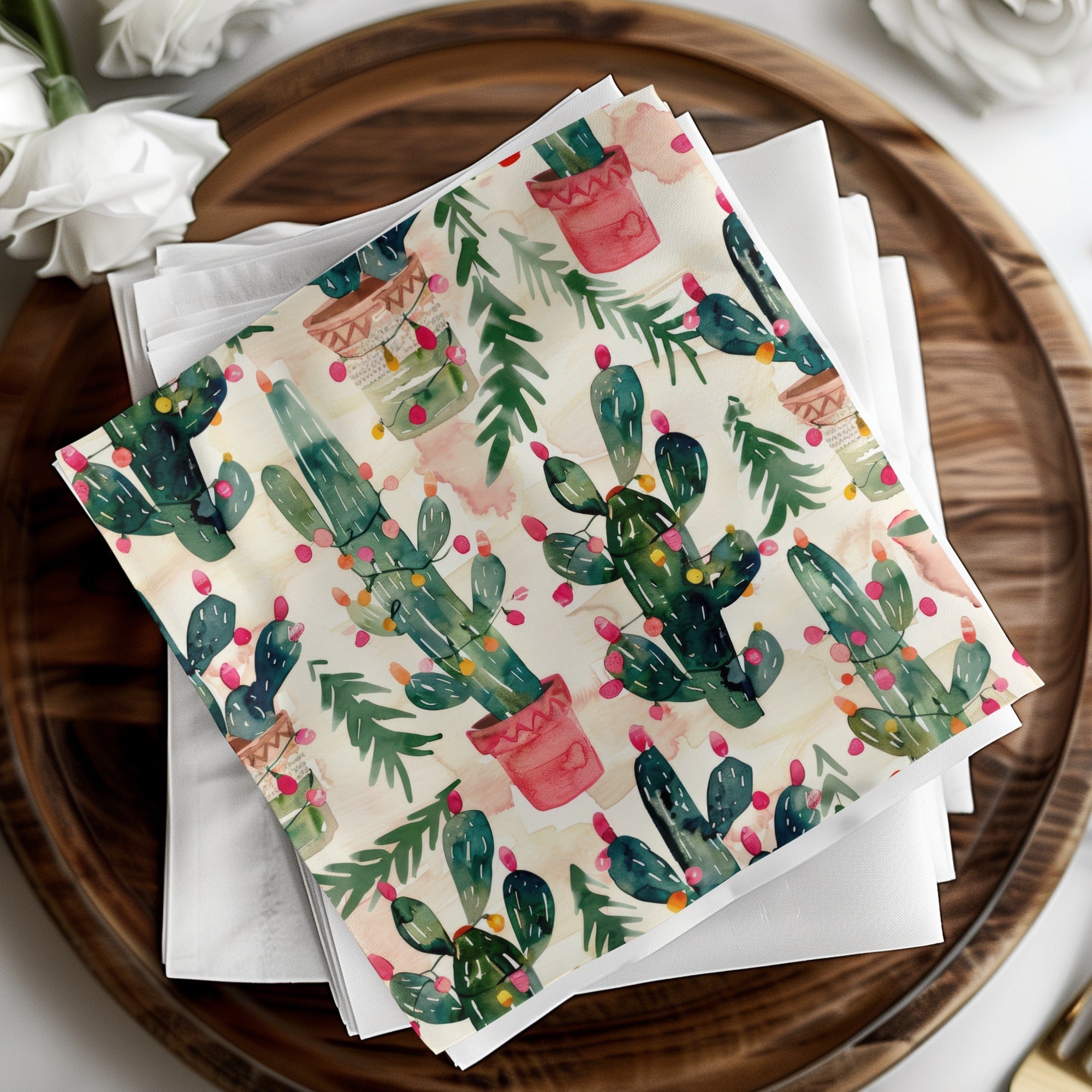 Watercolor Christmas Cactus Seamless Pattern Digital Download, Holiday Tree, Festive Desert Plant, Printable Fabric, Scrapbooking, Tileable - Moore and Mountain