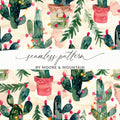 Watercolor Christmas Cactus Seamless Pattern Digital Download, Holiday Tree, Festive Desert Plant, Printable Fabric, Scrapbooking, Tileable - Moore and Mountain