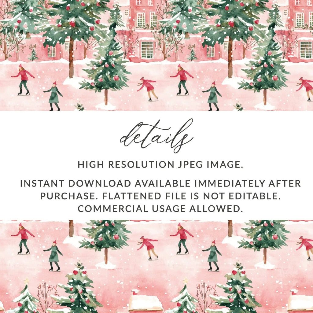 Watercolor Christmas Digital Paper, Winter Scene Seamless Pattern, Skating Village JPEG Files, Holiday Design Downloads, Xmas Surface - Moore and Mountain