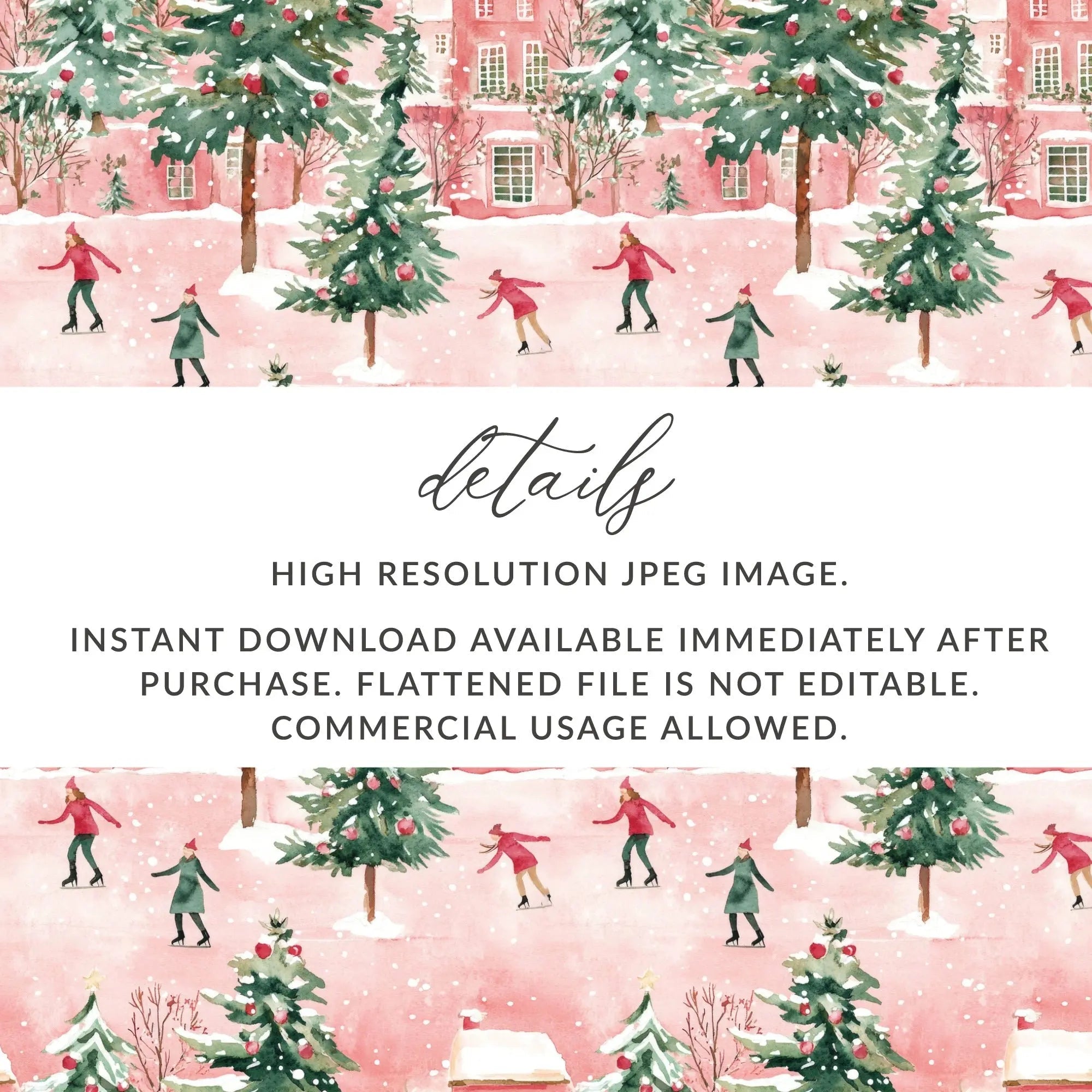 Watercolor Christmas Digital Paper, Winter Scene Seamless Pattern, Skating Village JPEG Files, Holiday Design Downloads, Xmas Surface - Moore and Mountain