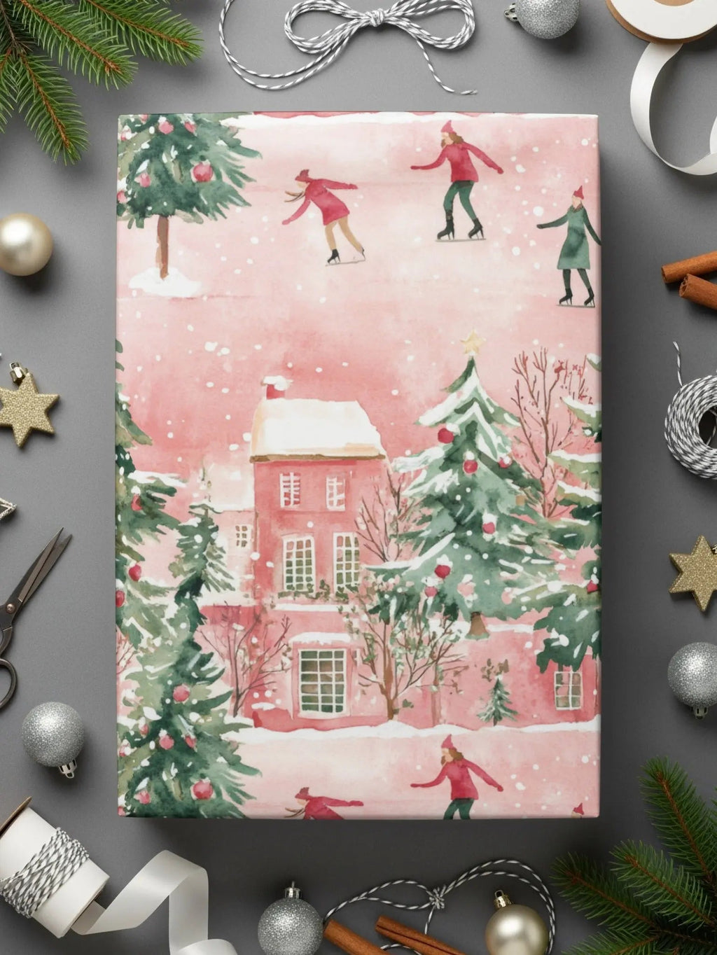 Watercolor Christmas Digital Paper, Winter Scene Seamless Pattern, Skating Village JPEG Files, Holiday Design Downloads, Xmas Surface - Moore and Mountain