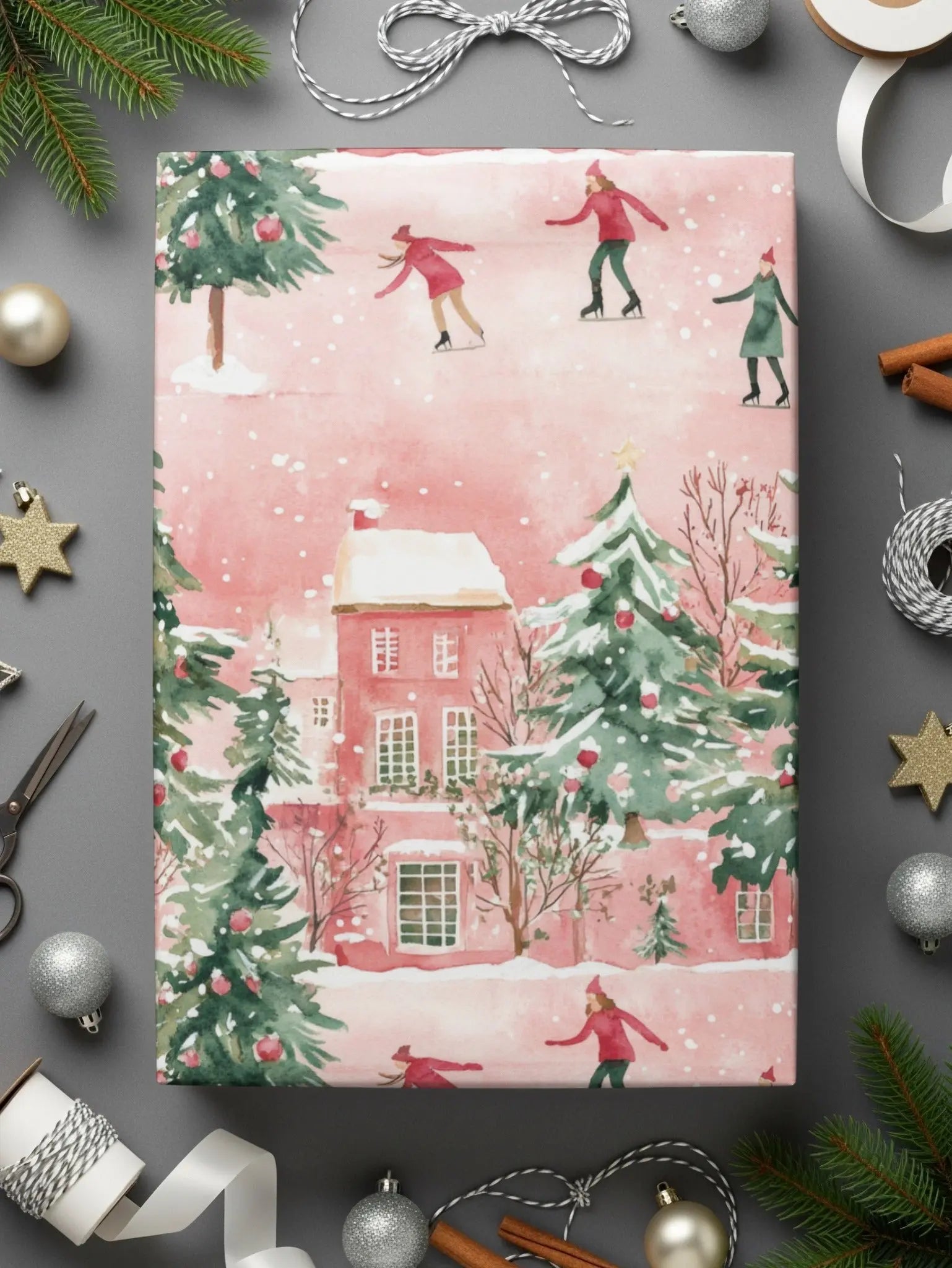 Watercolor Christmas Digital Paper, Winter Scene Seamless Pattern, Skating Village JPEG Files, Holiday Design Downloads, Xmas Surface - Moore and Mountain