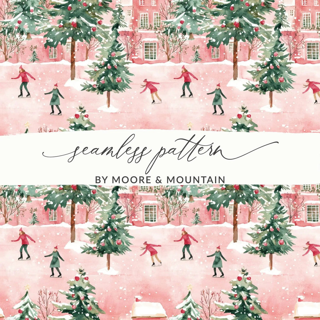 Watercolor Christmas Digital Paper, Winter Scene Seamless Pattern, Skating Village JPEG Files, Holiday Design Downloads, Xmas Surface - Moore and Mountain