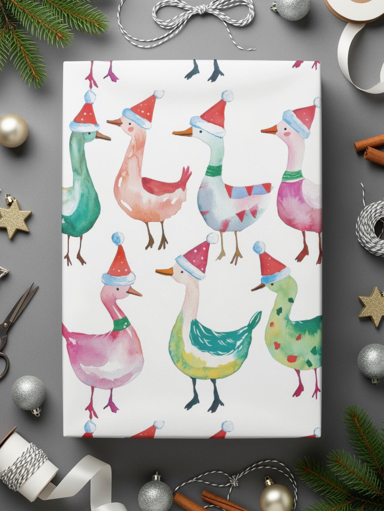 Watercolor Christmas Geese Pattern Illustration Cute Digital - Moore and Mountain