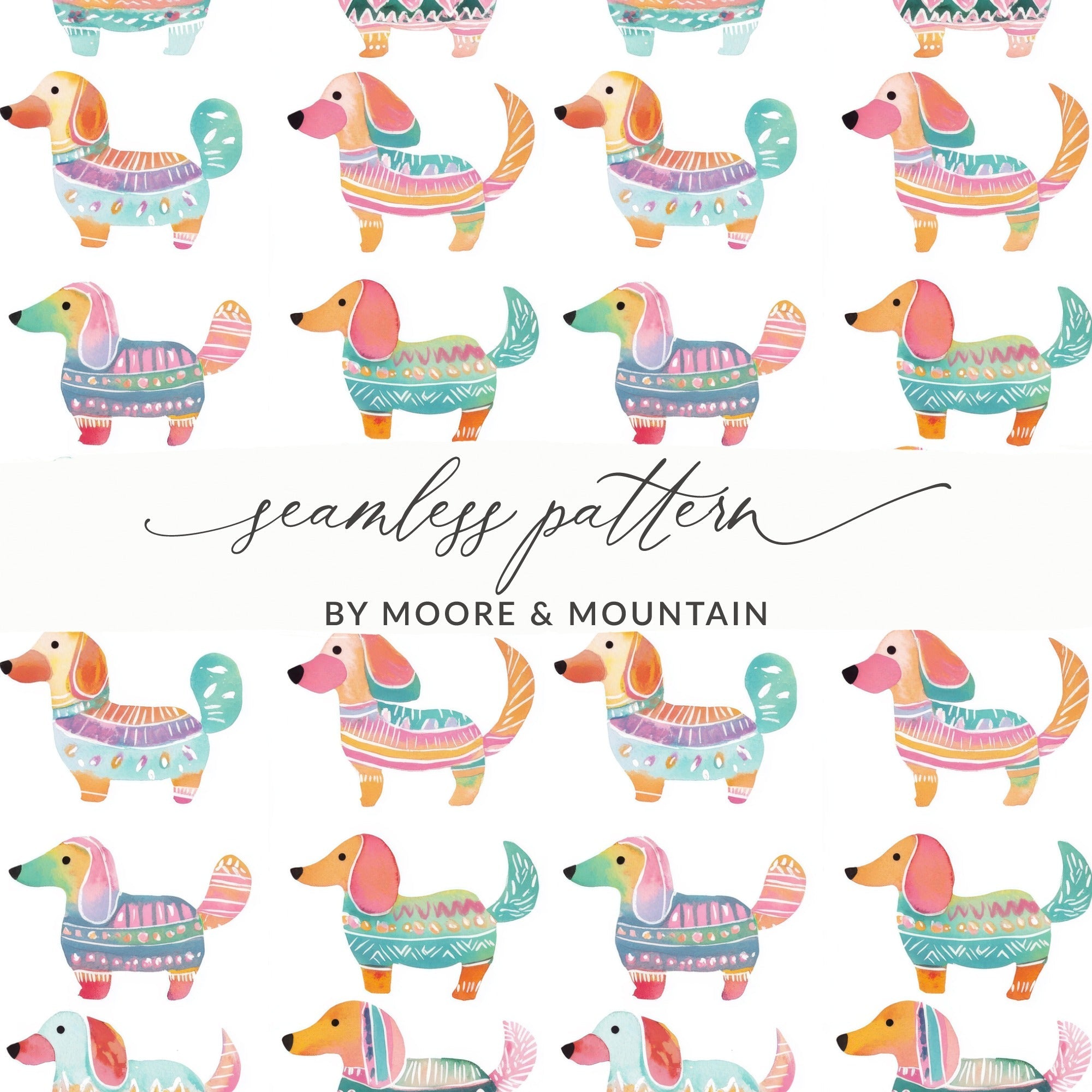Watercolor Dachshund Pattern Artistic Design Element Digital - Moore and Mountain