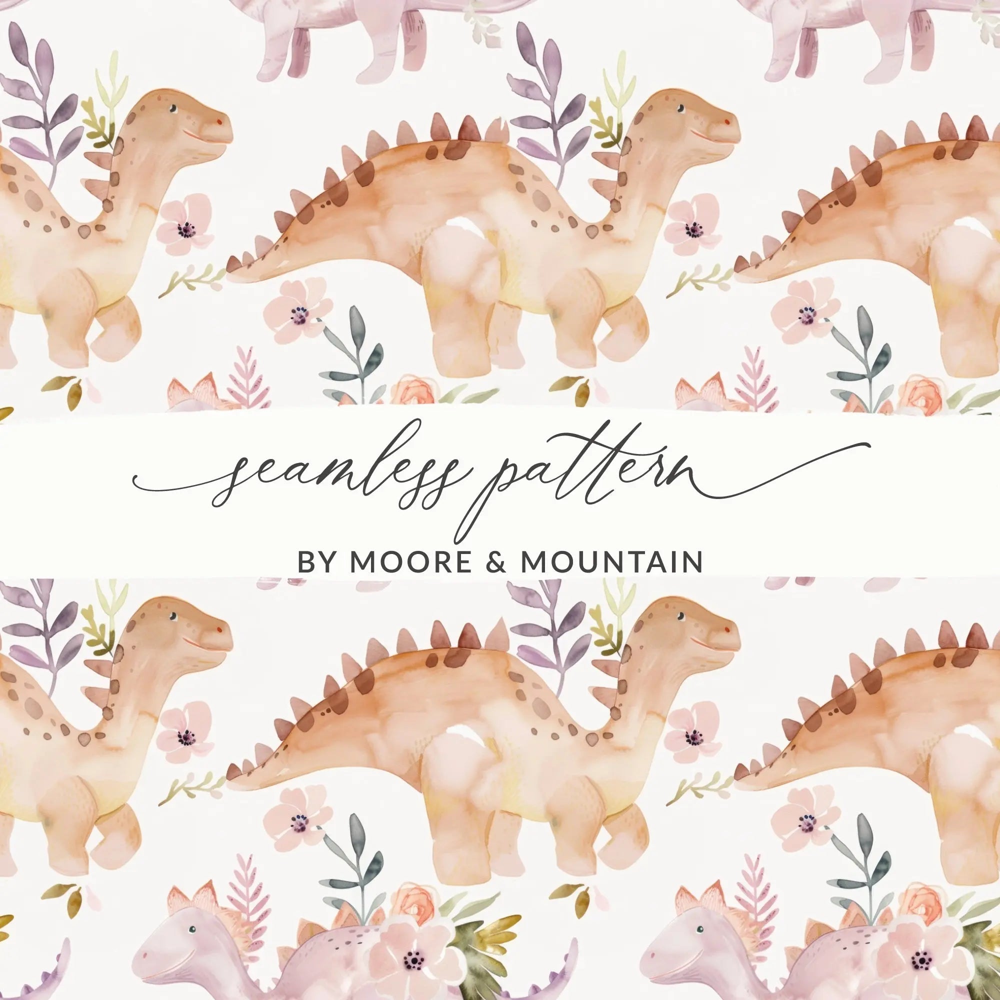 Watercolor Dinosaur Seamless Pattern, Digital Fabric Design, Cute Dino Floral Art, Baby Nursery Decor, Commercial Use License - Moore and Mountain