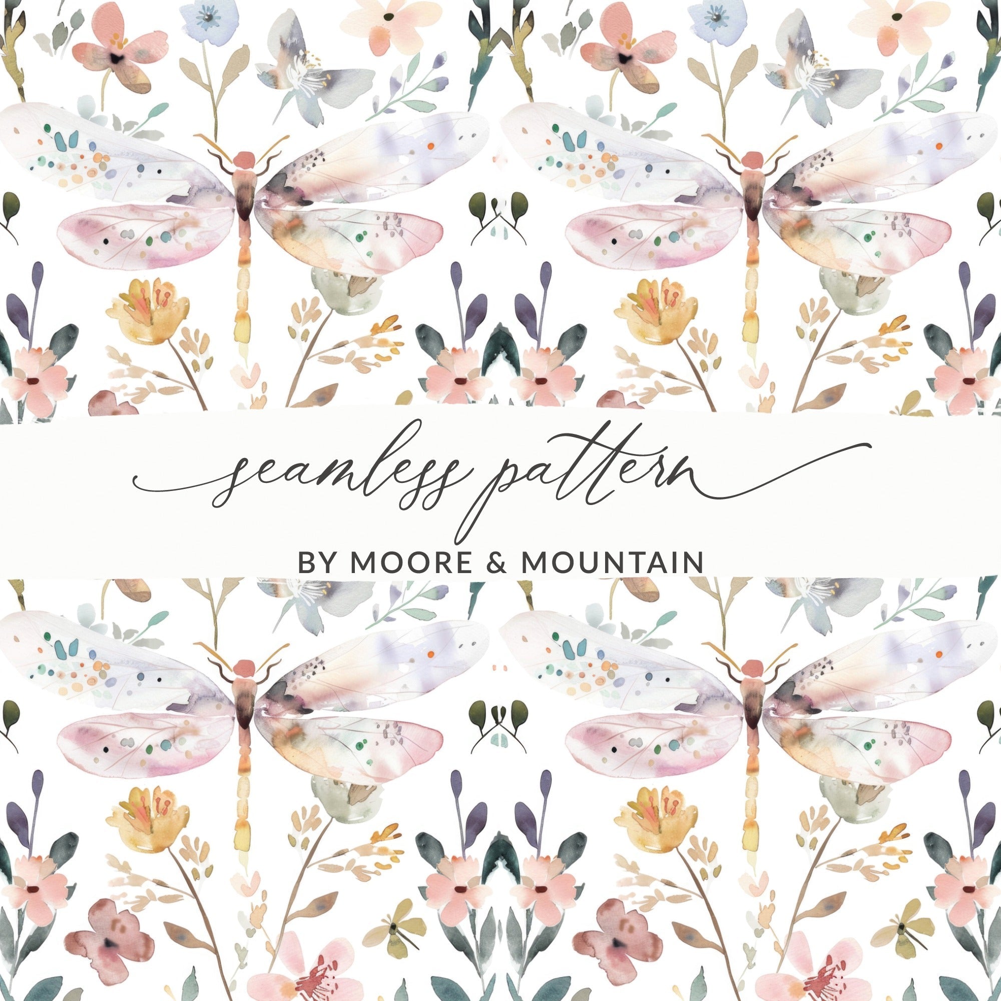 Watercolor Dragonfly Digital Paper, Pastel Floral Pattern, Seamless Repeat for Scrapbooking, Fabric Design, Printable Paper, Light Peach - Moore and Mountain
