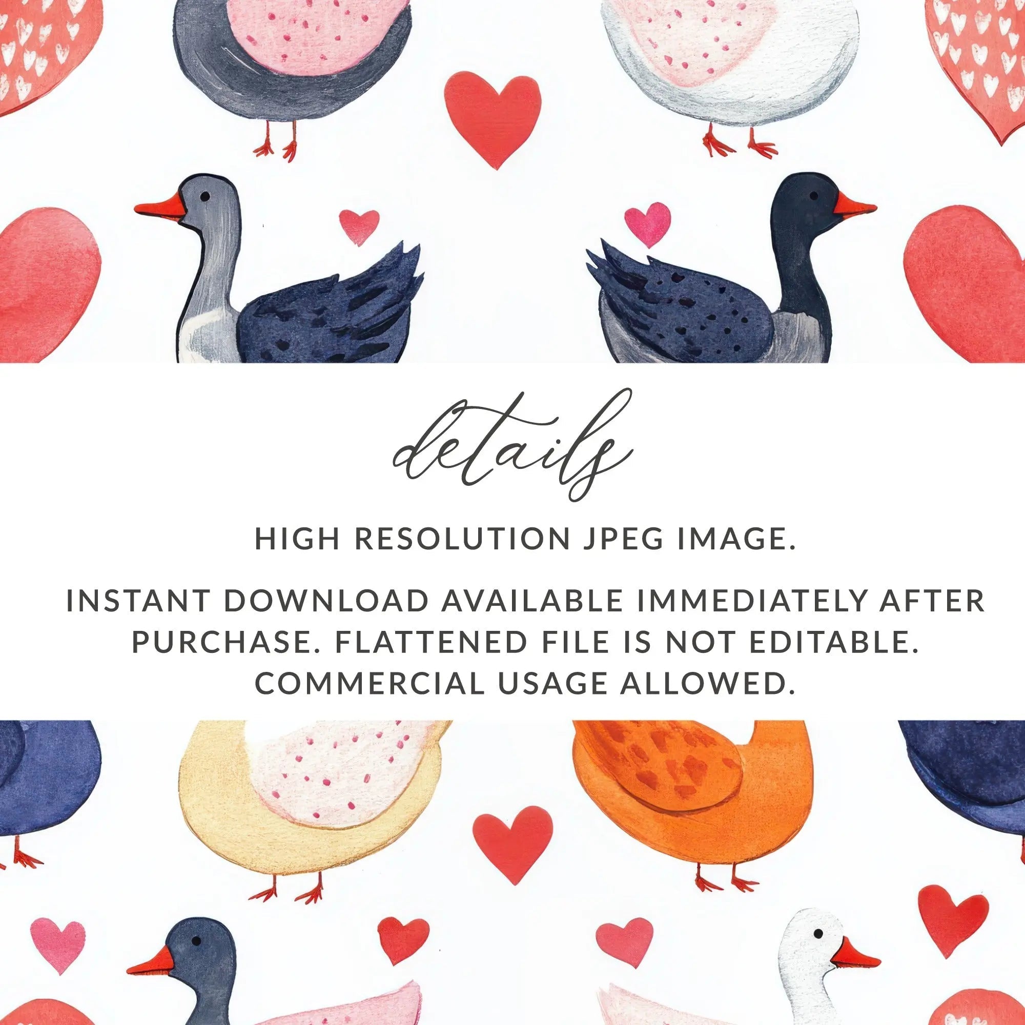 Watercolor Duckling Pattern, Seamless Goose Design, Heart Digital Paper, Commercial Use, Animal Print, Cute Seamless Pattern Digital - Moore and Mountain