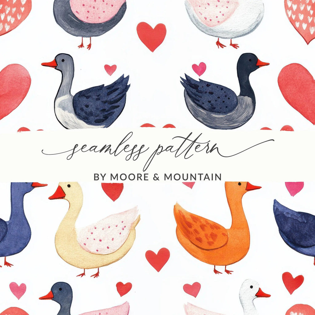 Watercolor Duckling Pattern, Seamless Goose Design, Heart Digital Paper, Commercial Use, Animal Print, Cute Seamless Pattern Digital - Moore and Mountain
