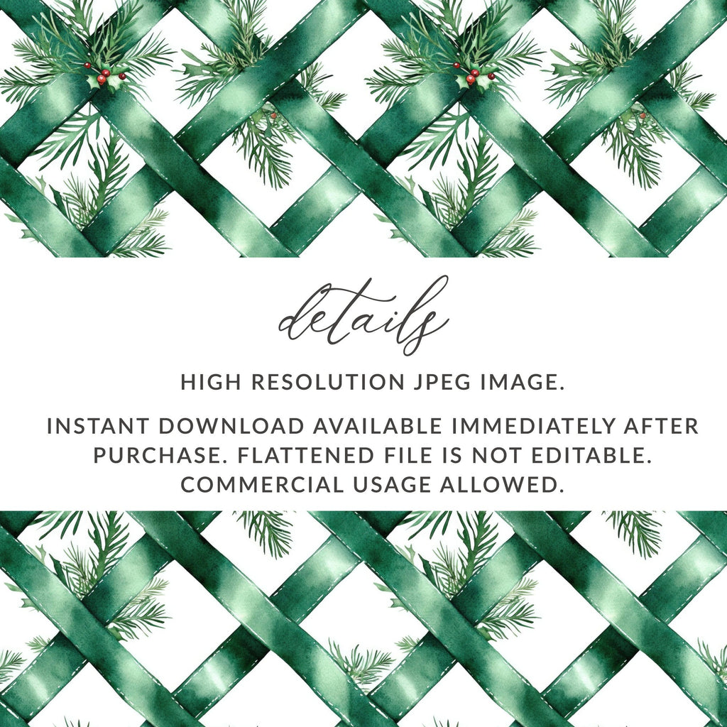 Watercolor Evergreen Ribbon Digital Seamless Pattern, Christmas Digital Paper, Fabric Design, Scrapbooking Paper, Sublimation Design - Moore and Mountain