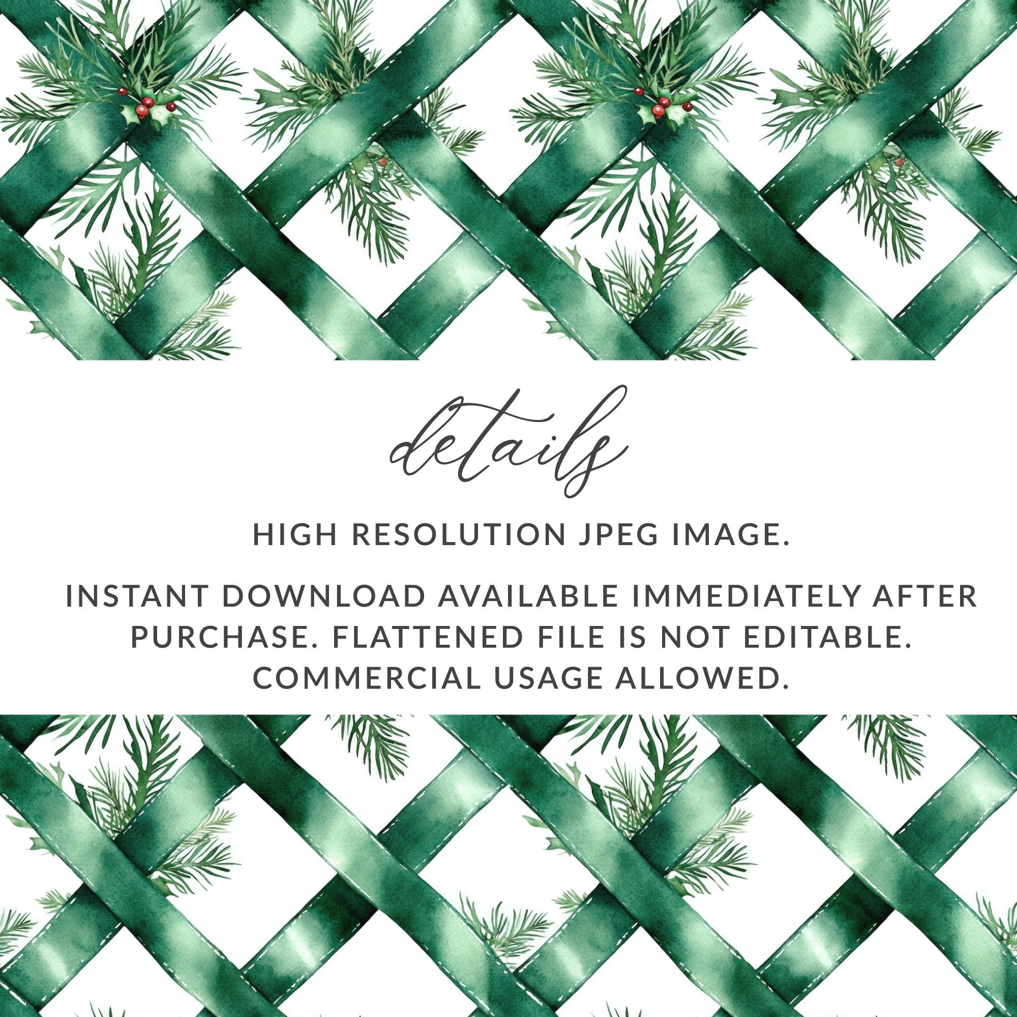 Watercolor Evergreen Ribbon Digital Seamless Pattern, Christmas Digital Paper, Fabric Design, Scrapbooking Paper, Sublimation Design - Moore and Mountain