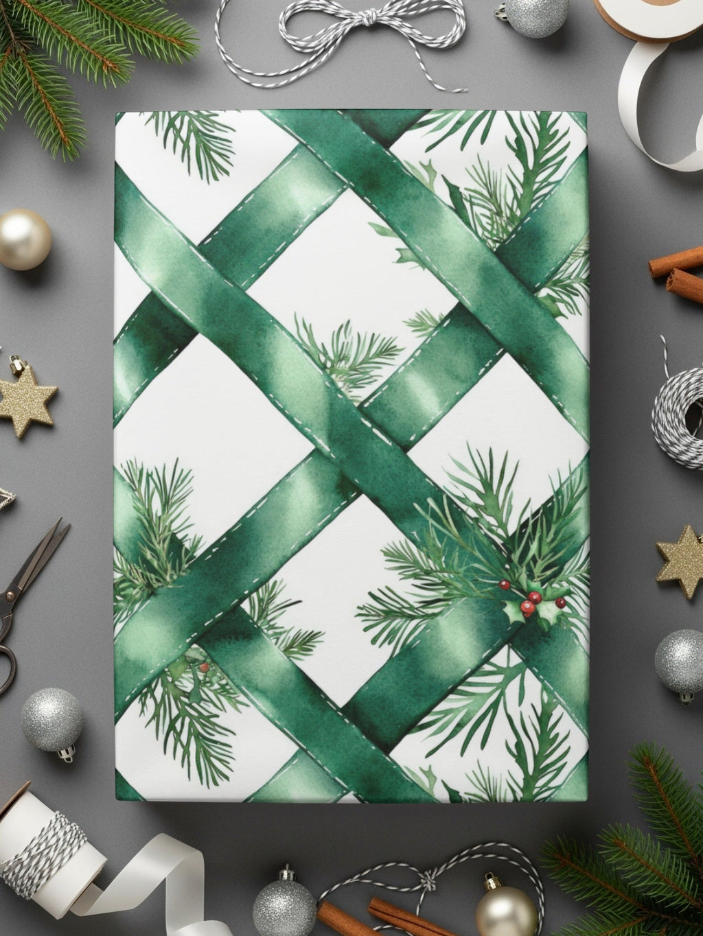 Watercolor Evergreen Ribbon Digital Seamless Pattern, Christmas Digital Paper, Fabric Design, Scrapbooking Paper, Sublimation Design - Moore and Mountain