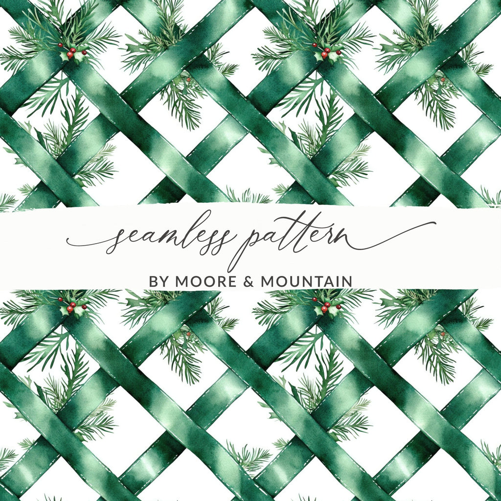 Watercolor Evergreen Ribbon Digital Seamless Pattern, Christmas Digital Paper, Fabric Design, Scrapbooking Paper, Sublimation Design - Moore and Mountain