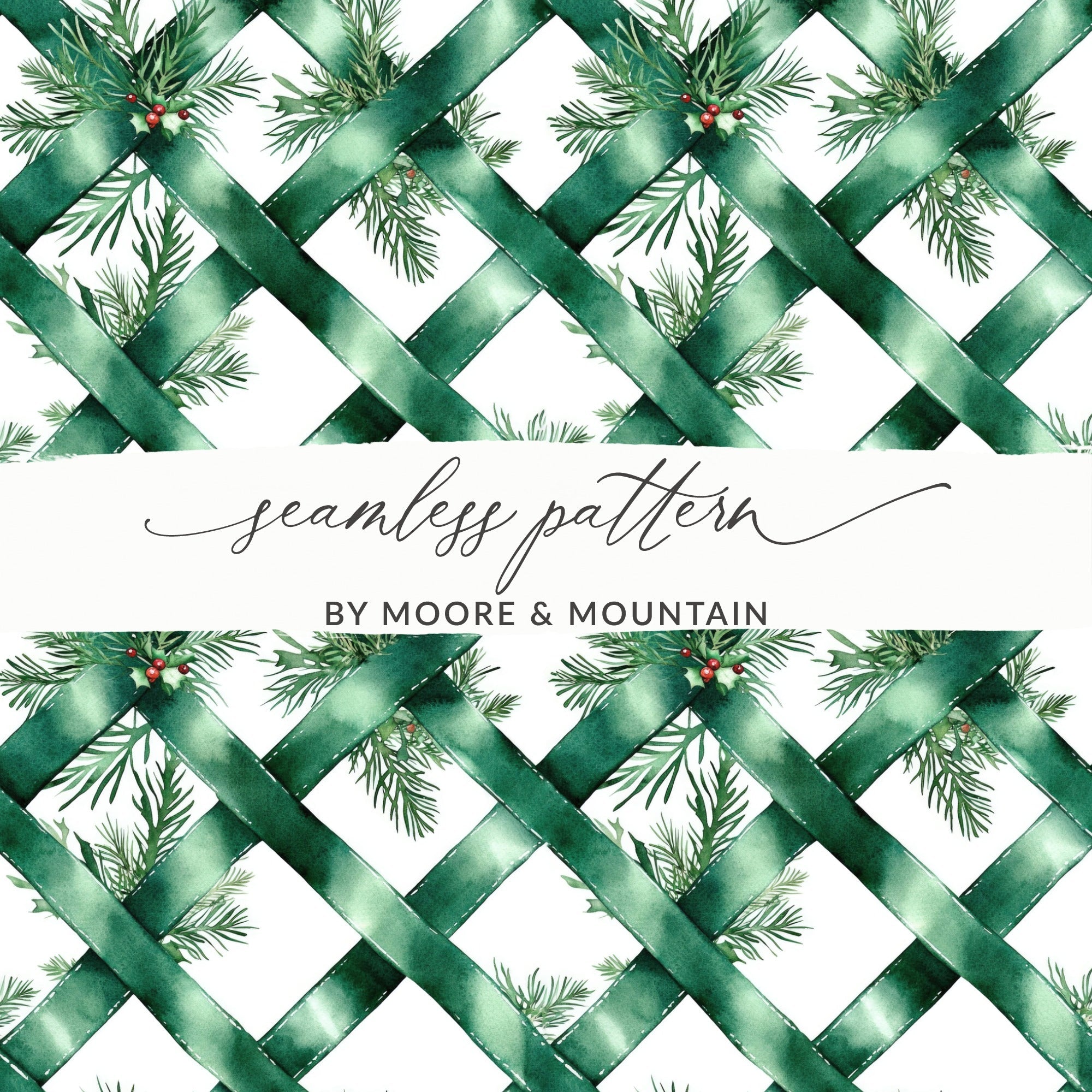 Watercolor Evergreen Ribbon Digital Seamless Pattern, Christmas Digital Paper, Fabric Design, Scrapbooking Paper, Sublimation Design - Moore and Mountain