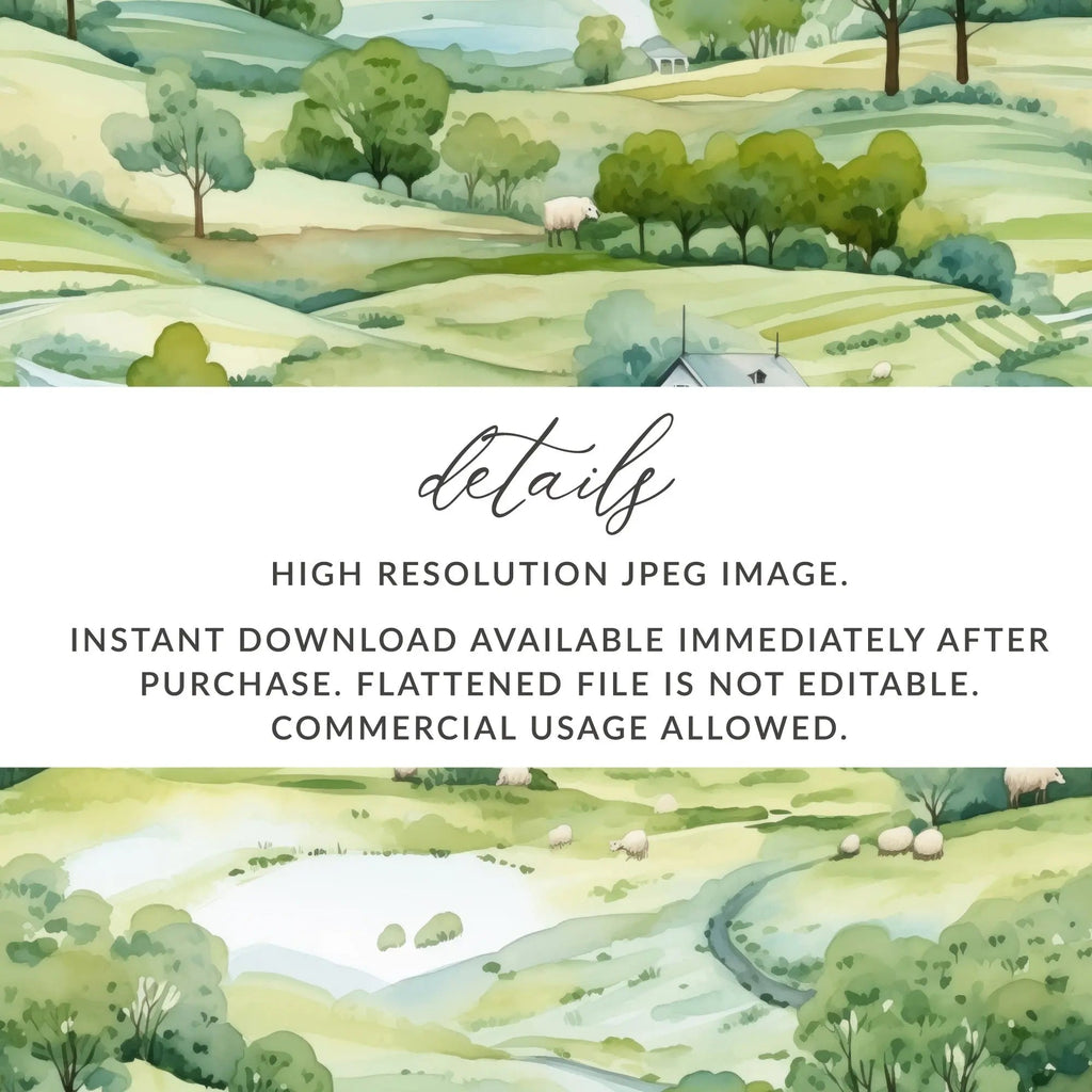 Watercolor Farmhouse Digital Paper, Sheep Seamless Pattern, Pastoral Landscape, Green Hills Texture, Farm Animals Digital Download - Moore and Mountain