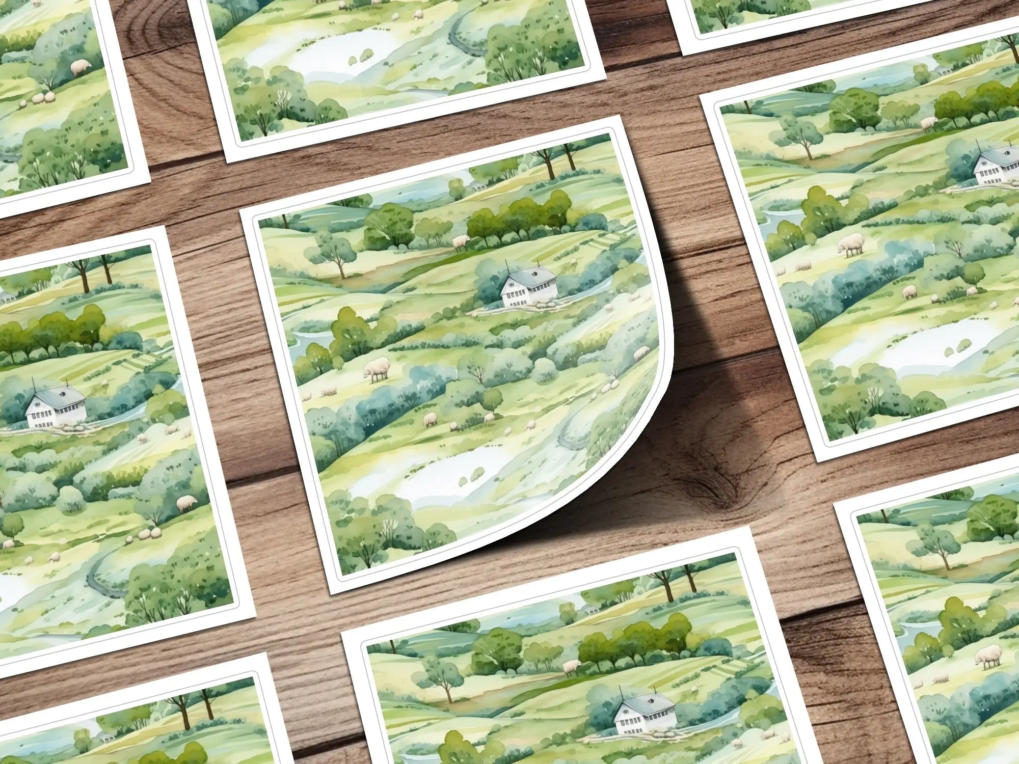 Watercolor Farmhouse Digital Paper, Sheep Seamless Pattern, Pastoral Landscape, Green Hills Texture, Farm Animals Digital Download - Moore and Mountain