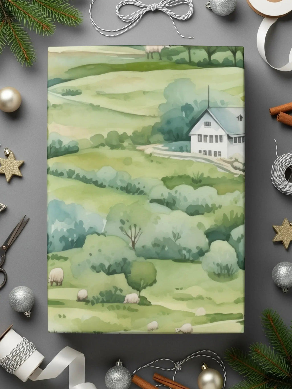 Watercolor Farmhouse Digital Paper, Sheep Seamless Pattern, Pastoral Landscape, Green Hills Texture, Farm Animals Digital Download - Moore and Mountain