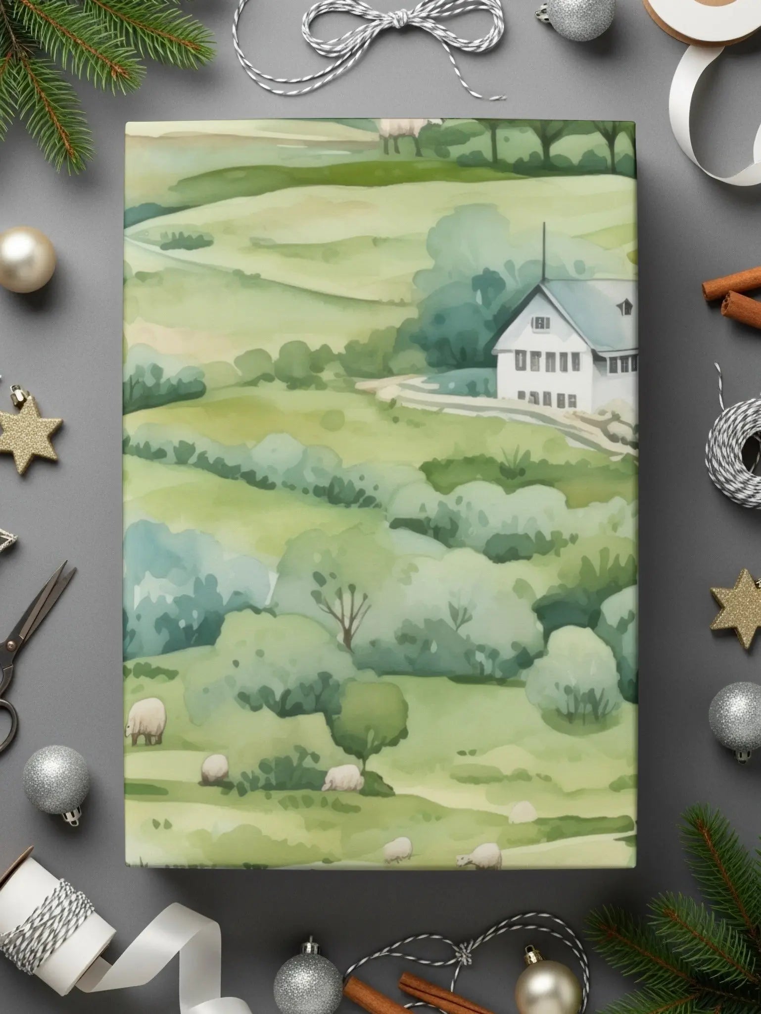 Watercolor Farmhouse Digital Paper, Sheep Seamless Pattern, Pastoral Landscape, Green Hills Texture, Farm Animals Digital Download - Moore and Mountain
