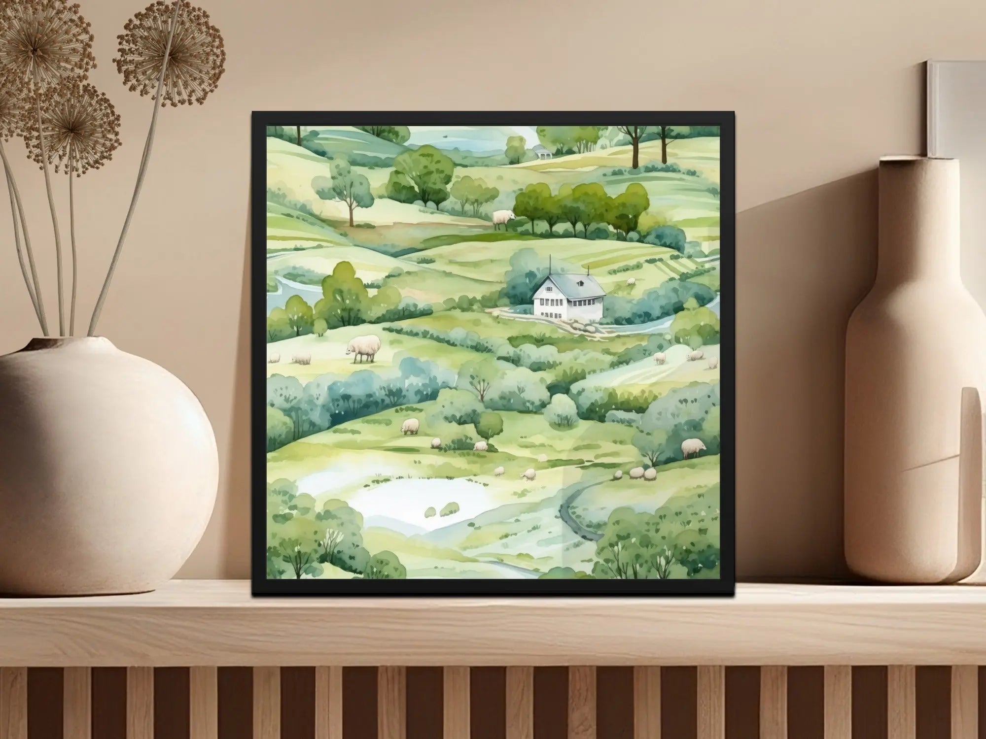 Watercolor Farmhouse Digital Paper, Sheep Seamless Pattern, Pastoral Landscape, Green Hills Texture, Farm Animals Digital Download - Moore and Mountain
