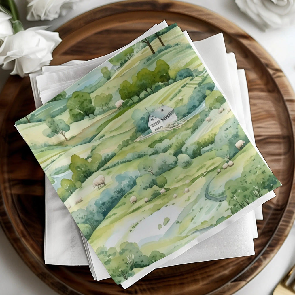 Watercolor Farmhouse Digital Paper, Sheep Seamless Pattern, Pastoral Landscape, Green Hills Texture, Farm Animals Digital Download - Moore and Mountain
