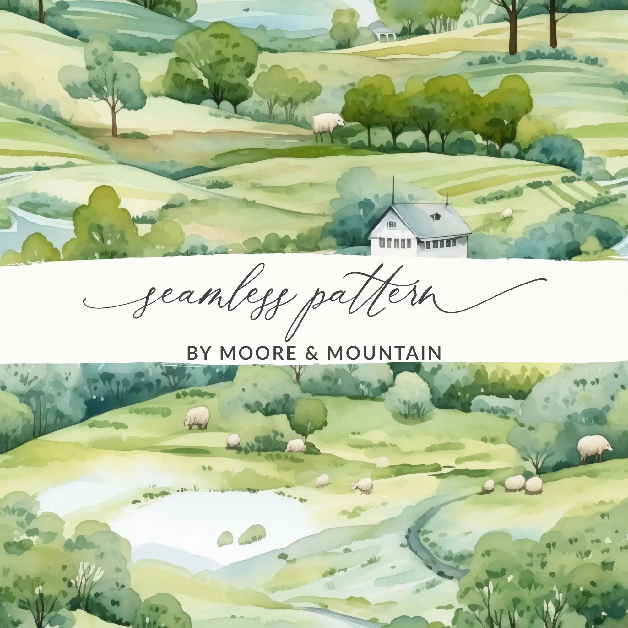 Watercolor Farmhouse Digital Paper, Sheep Seamless Pattern, Pastoral Landscape, Green Hills Texture, Farm Animals Digital Download - Moore and Mountain