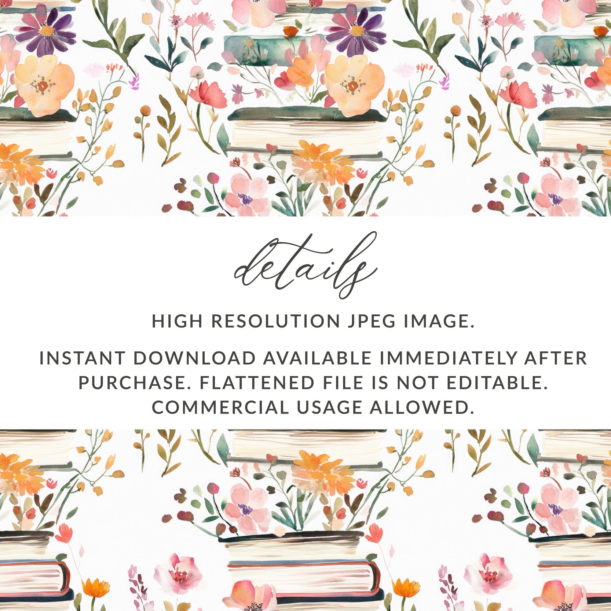 Watercolor Floral Books Digital Paper, Pink Orange Flowers Pattern, Reading Lover Seamless Pattern, Spring Ditsy Fabric Design, Pastel - Moore and Mountain