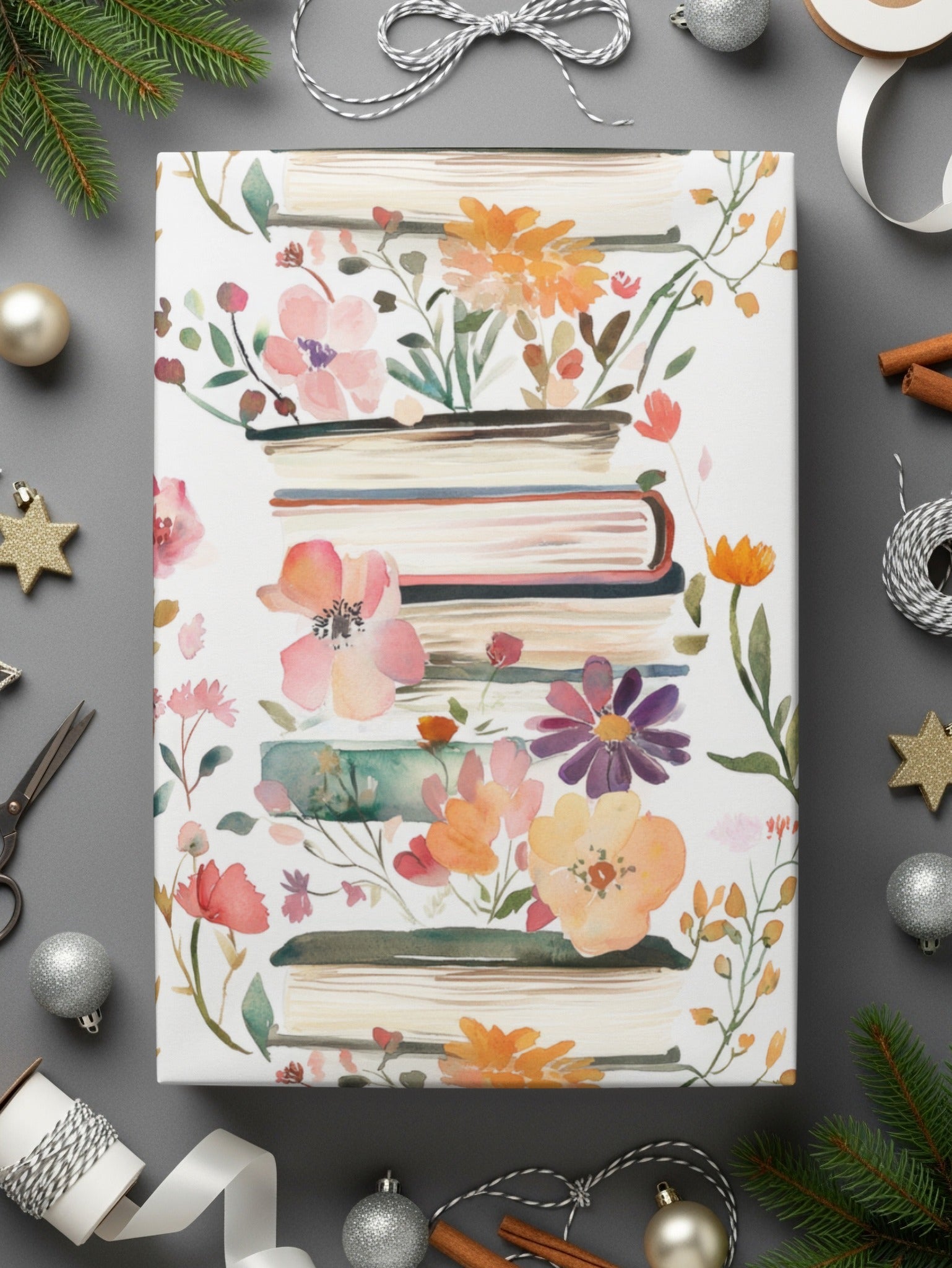 Watercolor Floral Books Digital Paper, Pink Orange Flowers Pattern, Reading Lover Seamless Pattern, Spring Ditsy Fabric Design, Pastel - Moore and Mountain