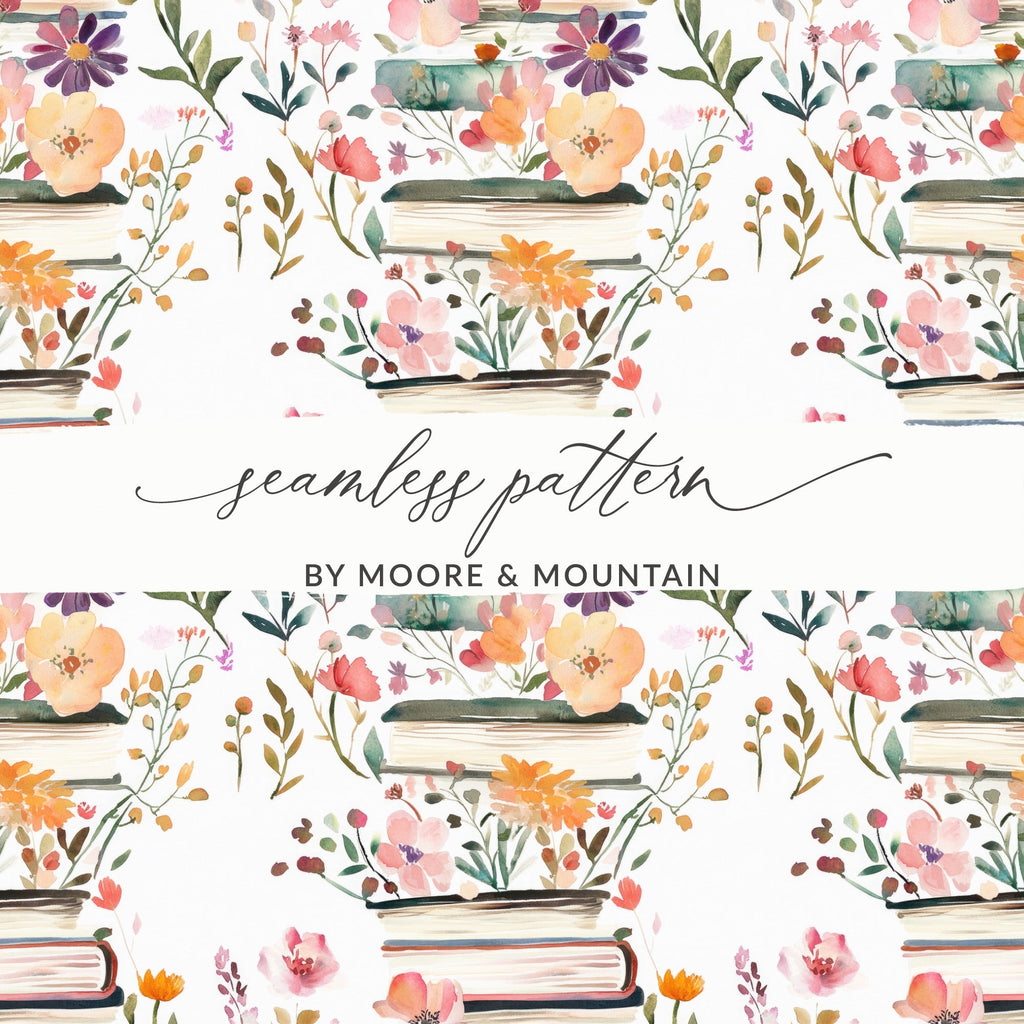 Watercolor Floral Books Digital Paper, Pink Orange Flowers Pattern, Reading Lover Seamless Pattern, Spring Ditsy Fabric Design, Pastel - Moore and Mountain