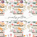 Watercolor Floral Books Digital Paper, Pink Orange Flowers Pattern, Reading Lover Seamless Pattern, Spring Ditsy Fabric Design, Pastel - Moore and Mountain
