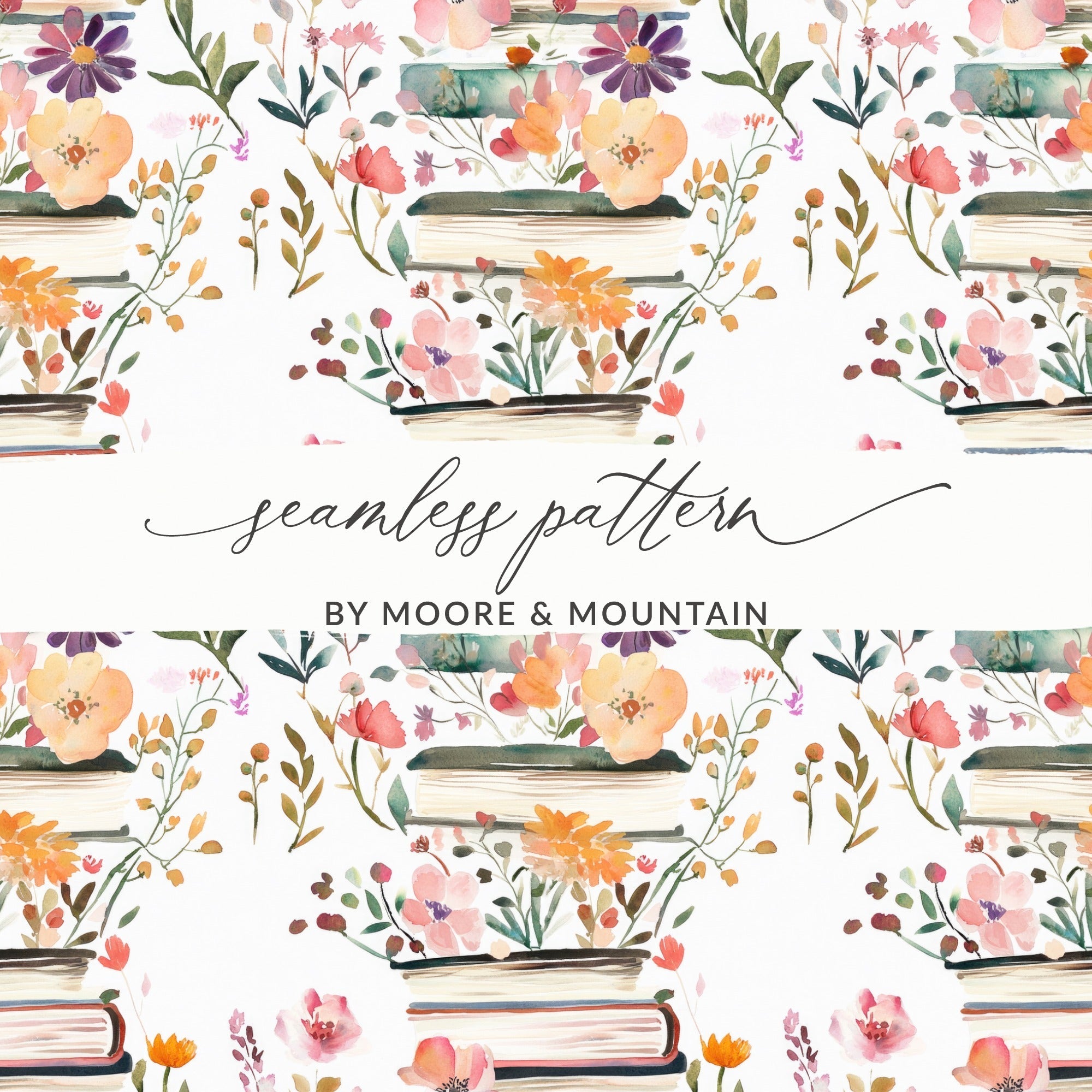 Watercolor Floral Books Digital Paper, Pink Orange Flowers Pattern, Reading Lover Seamless Pattern, Spring Ditsy Fabric Design, Pastel - Moore and Mountain