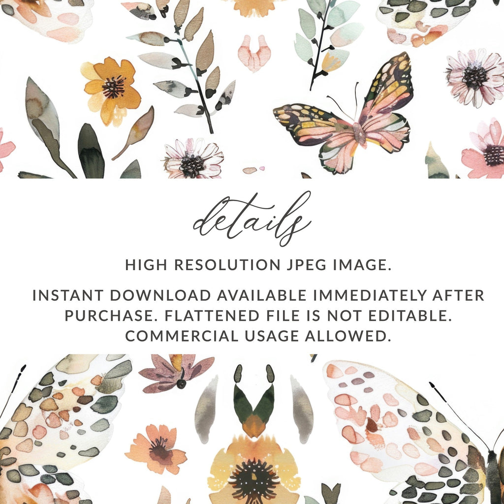 Watercolor Floral Butterflies Neutral Boho Summer Digital - Moore and Mountain