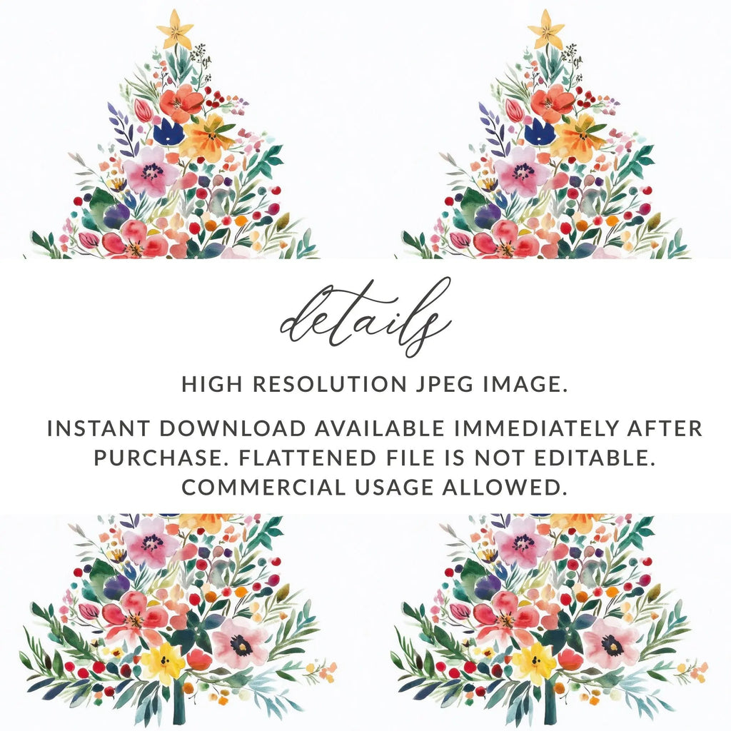 Watercolor Floral Christmas Tree Digital, Seamless Pattern JPEG, Holiday Design, Festive Art, Crafting Printable, Scrapbooking Paper - Moore and Mountain