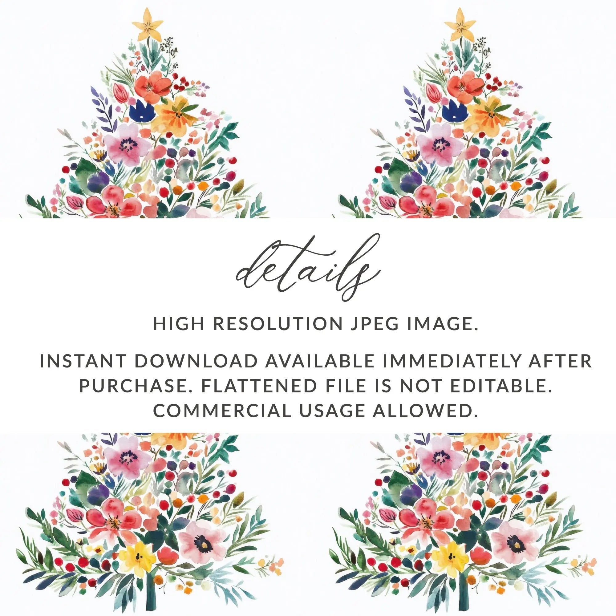 Watercolor Floral Christmas Tree Digital, Seamless Pattern JPEG, Holiday Design, Festive Art, Crafting Printable, Scrapbooking Paper - Moore and Mountain