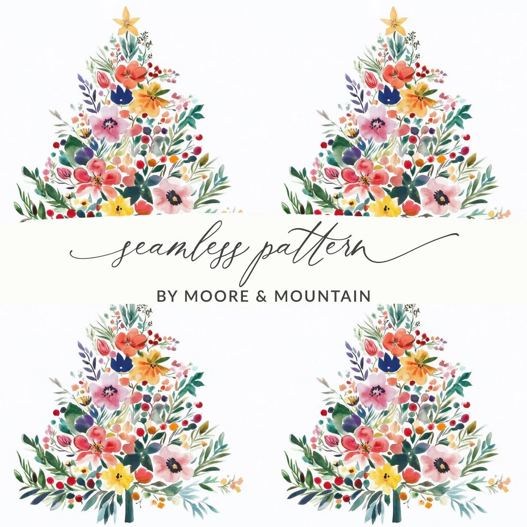 Watercolor Floral Christmas Tree Digital, Seamless Pattern JPEG, Holiday Design, Festive Art, Crafting Printable, Scrapbooking Paper - Moore and Mountain