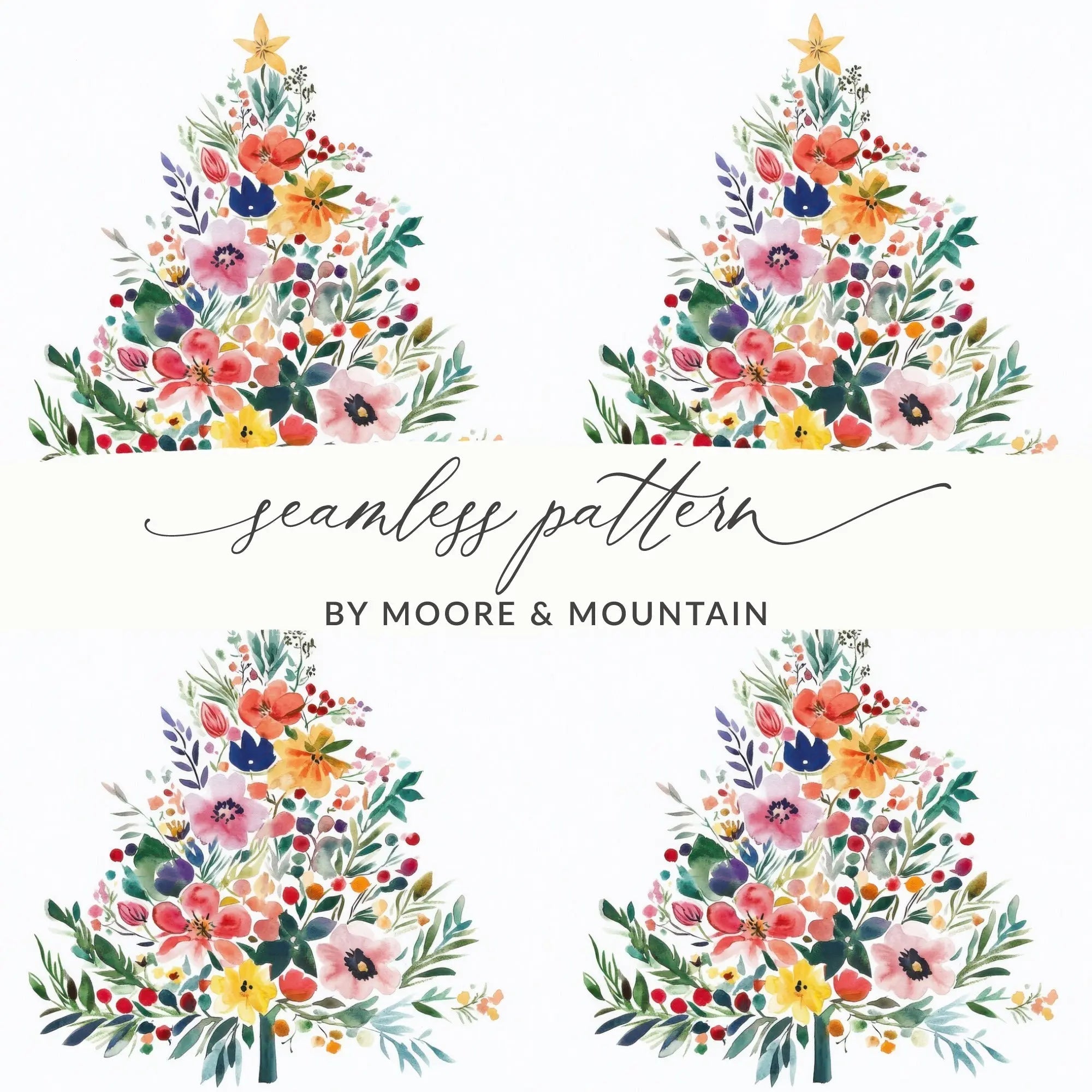 Watercolor Floral Christmas Tree Digital, Seamless Pattern JPEG, Holiday Design, Festive Art, Crafting Printable, Scrapbooking Paper - Moore and Mountain