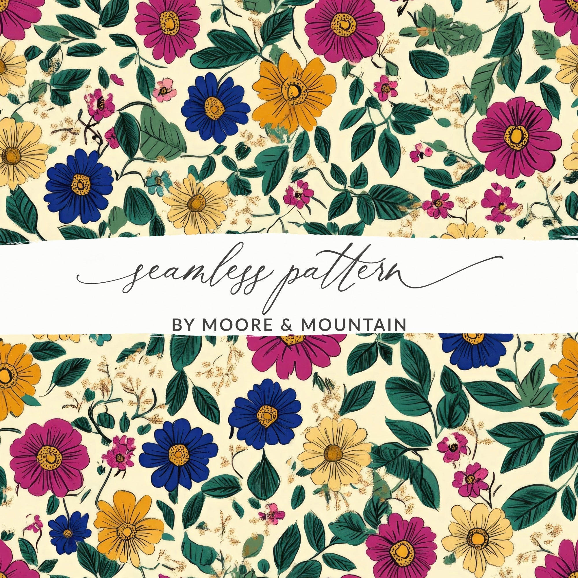 Watercolor Floral Digital Paper, Pink Blue Yellow Flowers Seamless Pattern, Spring Summer Floral, Digital Fabric Design, Scrapbooking Paper - Moore and Mountain