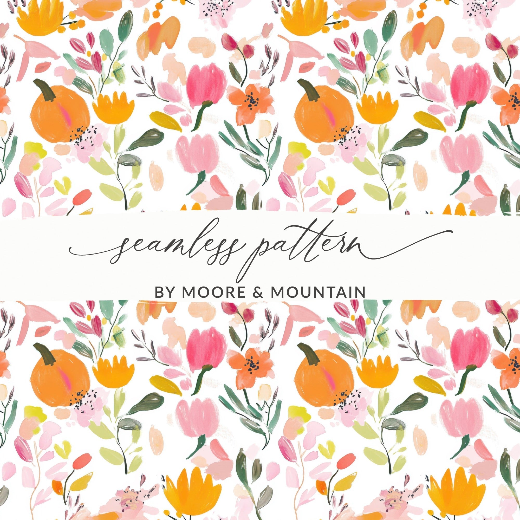 Watercolor Floral Digital Paper, Pink Orange Flowers Pattern, Fall Harvest, Abstract Floral, Seamless Pattern, Digital Download - Moore and Mountain
