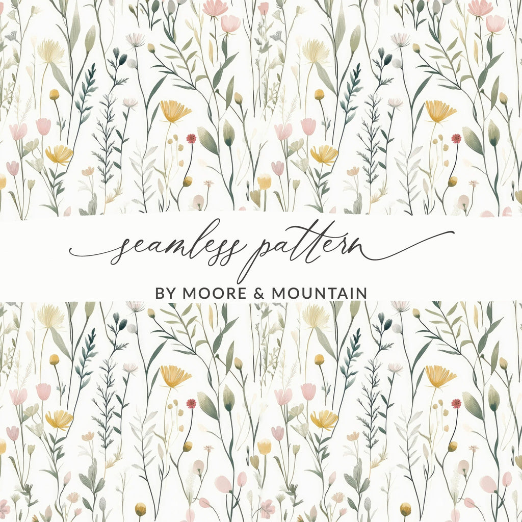 Watercolor Floral Digital Paper, Pink and Yellow Wildflower Seamless Pattern, Delicate Spring Garden Digital Product, Pastel Botanical - Moore and Mountain