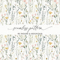 Watercolor Floral Digital Paper, Pink and Yellow Wildflower Seamless Pattern, Delicate Spring Garden Digital Product, Pastel Botanical - Moore and Mountain