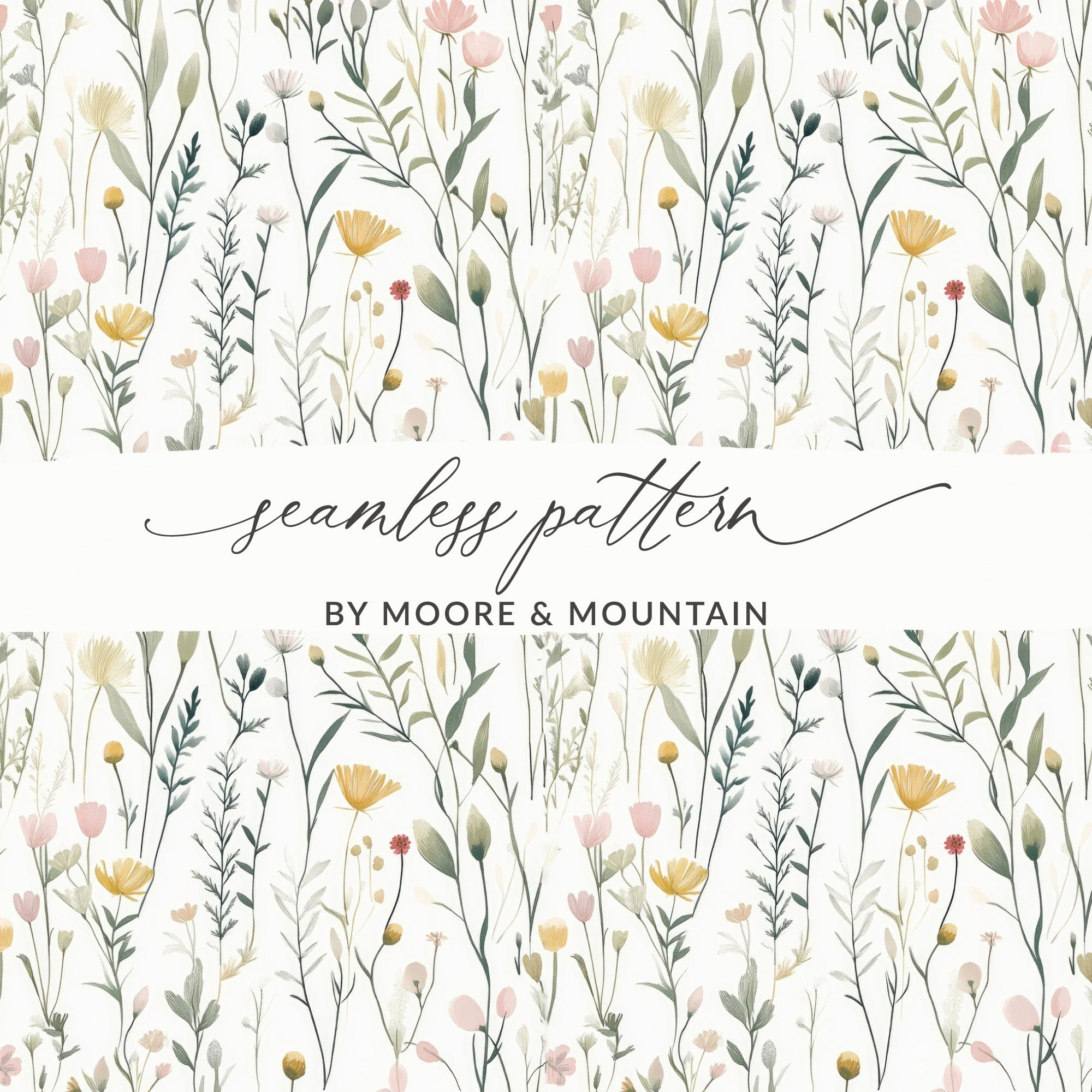 Watercolor Floral Digital Paper, Pink and Yellow Wildflower Seamless Pattern, Delicate Spring Garden Digital Product, Pastel Botanical - Moore and Mountain