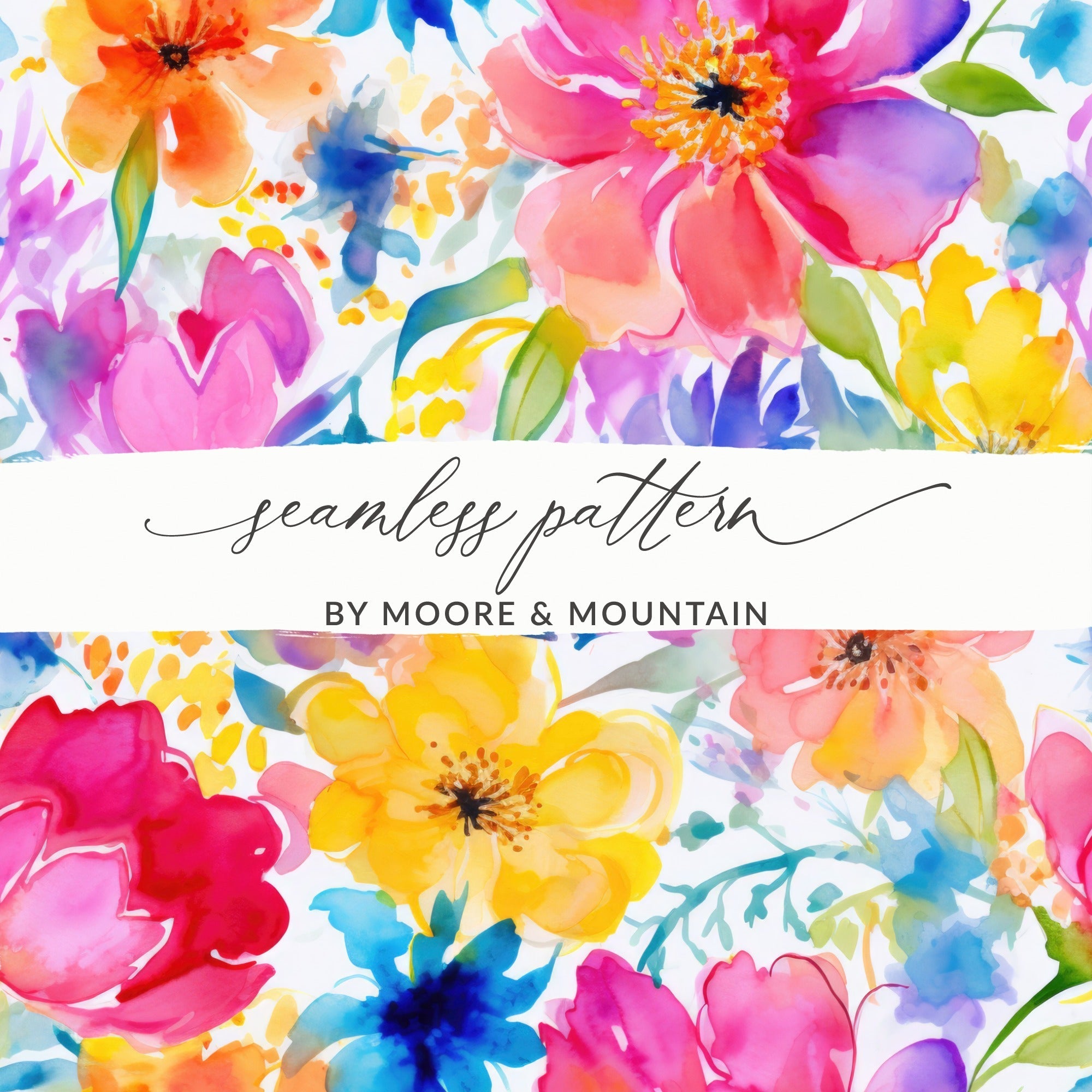 Watercolor Floral Digital Paper, Seamless Flower Pattern, Bright Blooms, Colorful Garden, Scrapbook Paper, Fabric Design Digital - Moore and Mountain