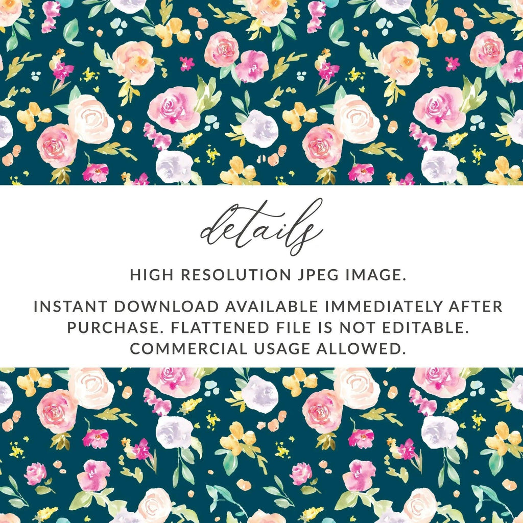 Watercolor Floral Digital Paper, Seamless Flower Pattern, Dark Teal Background, Digital Download, Scrapbooking Paper, Printable Texture - Moore and Mountain